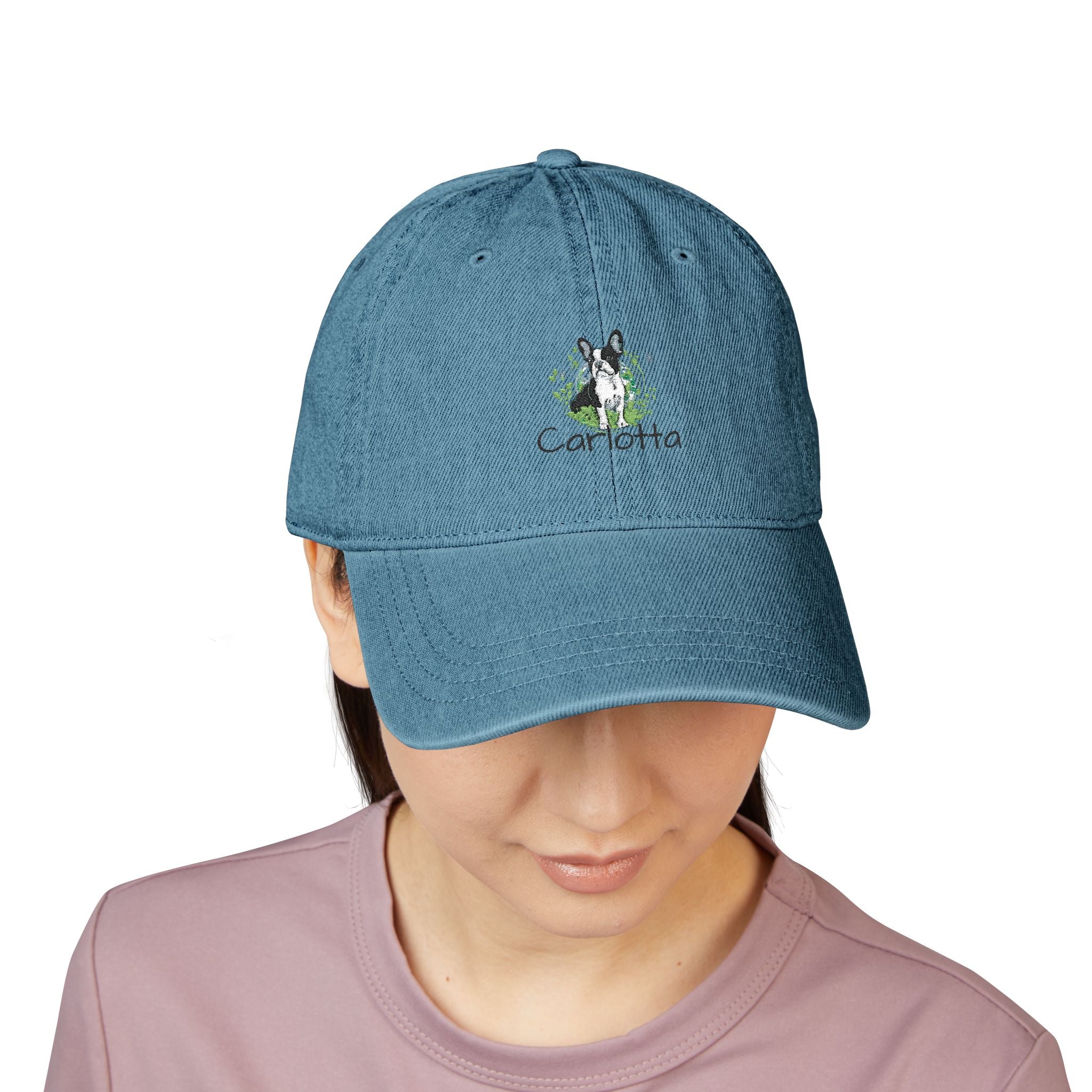 Embroidered Green Floral Pug Denim Hat — Vintage Casual Baseball Cap