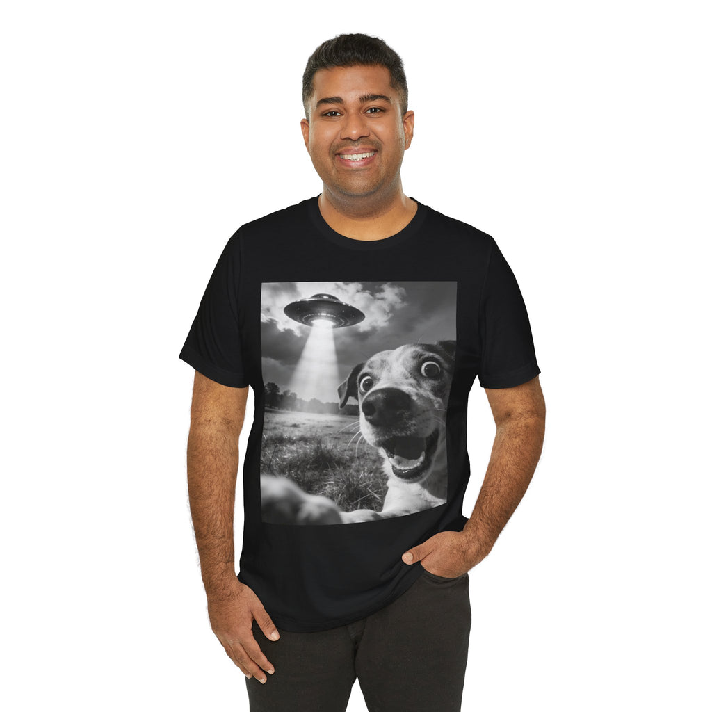 UFO Dog Photo Tee — "Check the Front… SERIOUSLY!" Graphic T-Shirt
