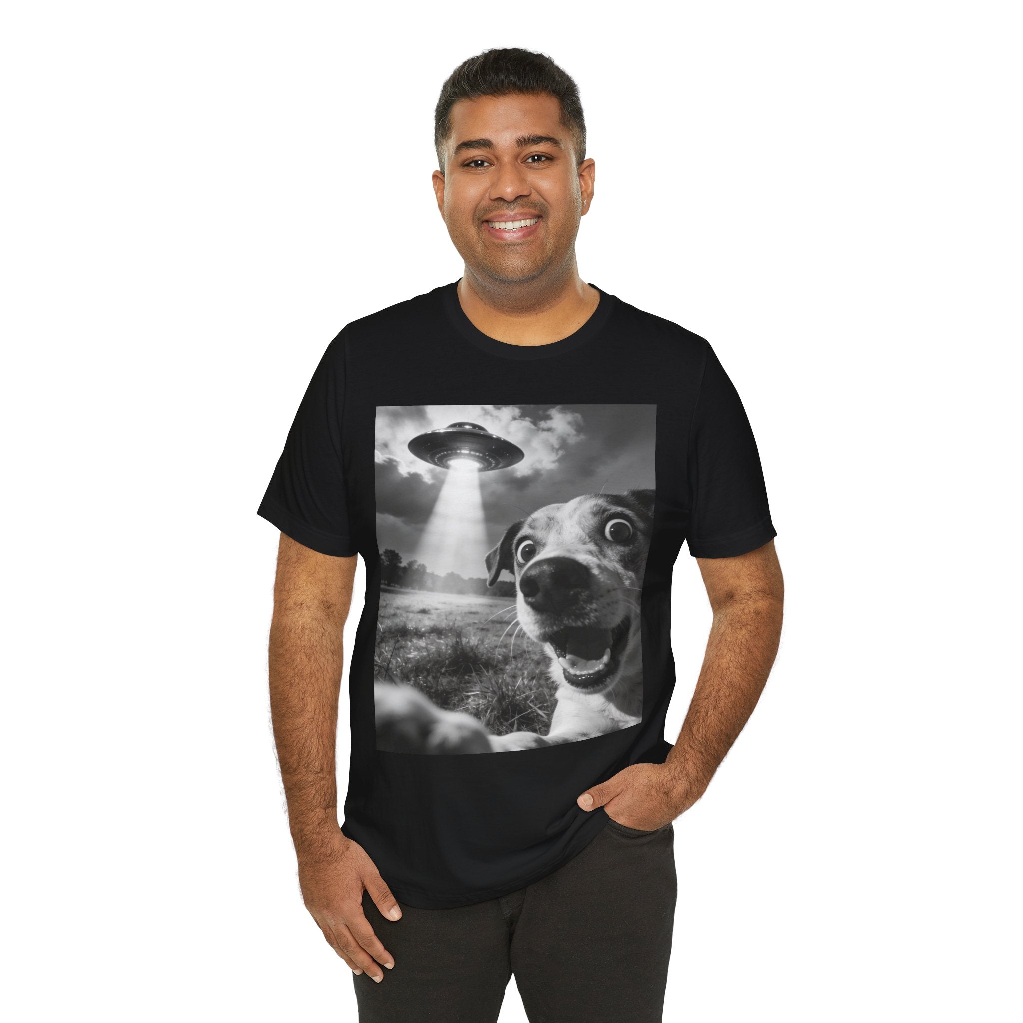 UFO Dog Photo Tee — "Check the Front… SERIOUSLY!" Graphic T-Shirt