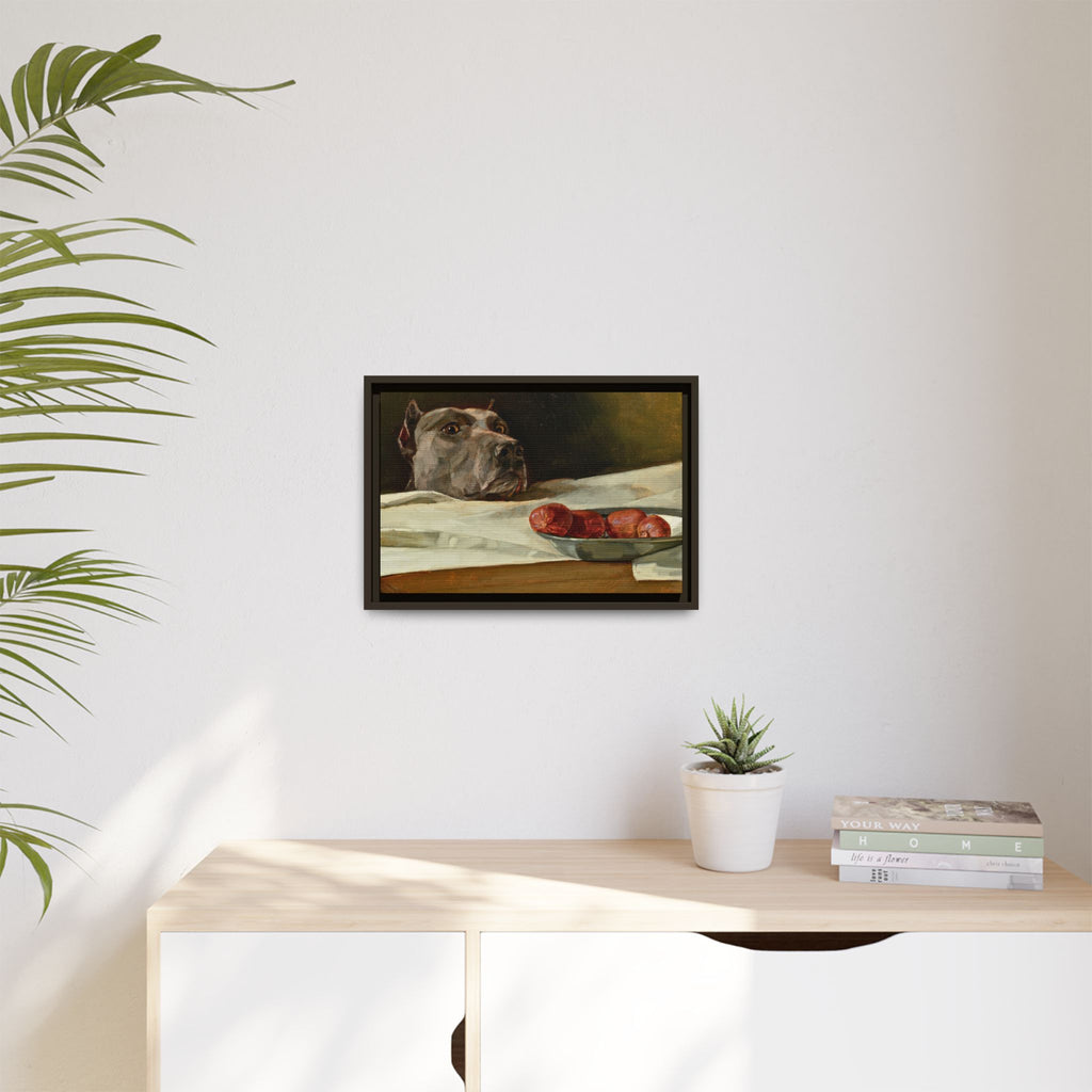 Framed Matte Canvas Print — Great Dane Dog & The Sausage Still Life Wall Art