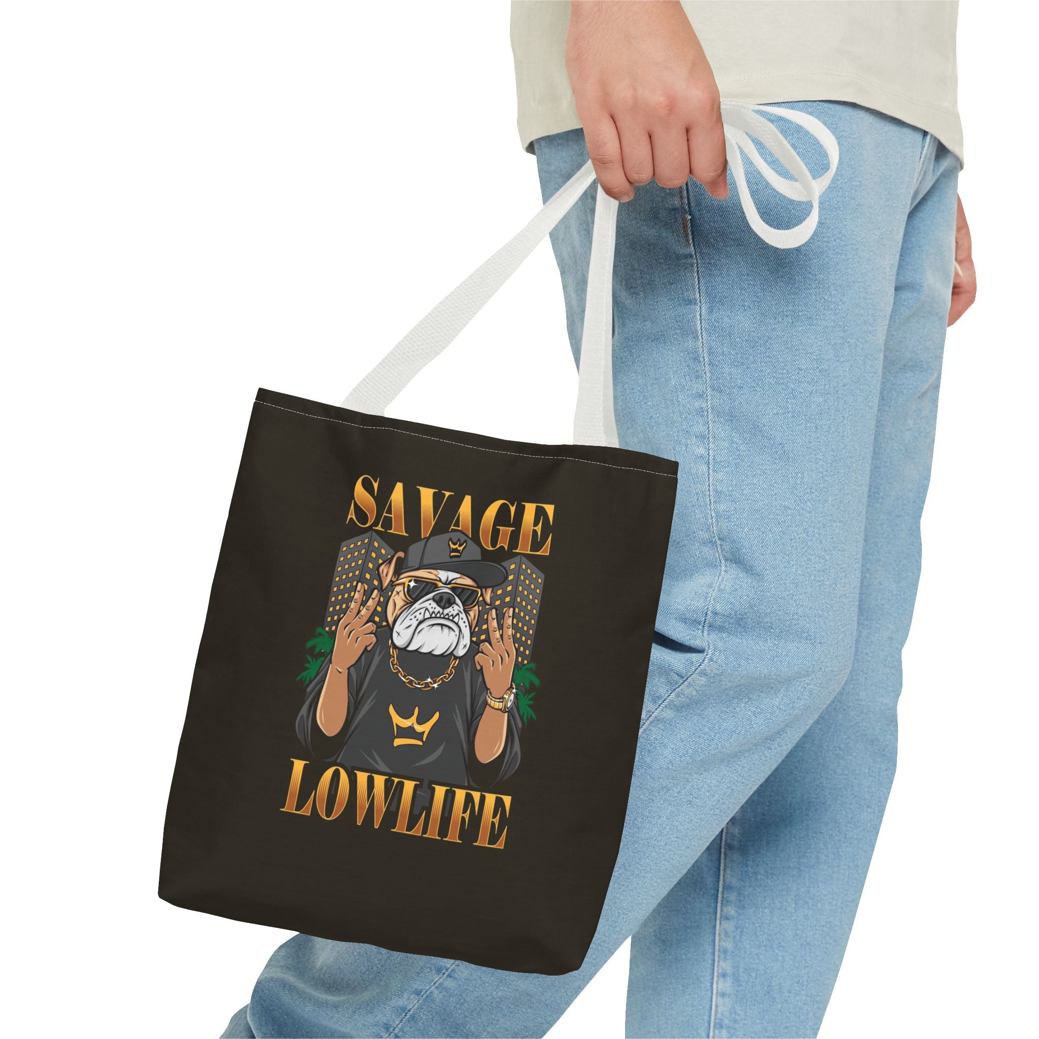 Savage Lowlife Graphic Tote Bag — Urban Bulldog Design, Streetwear Everyday Carry