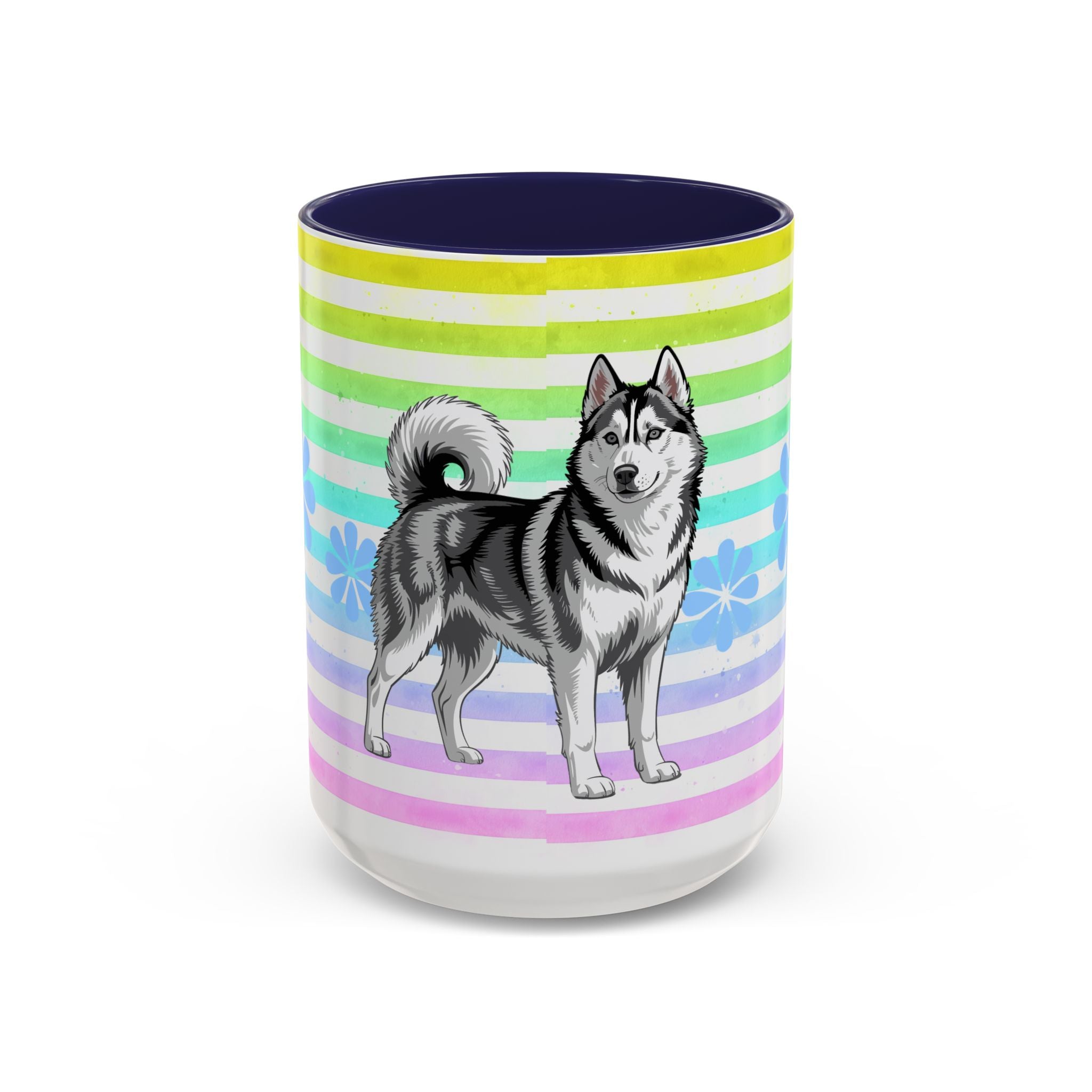 Siberian Husky Coffee Mug — Cute Black & Husky Pup on Rainbow Stripes (Accent Mug 11/15oz)