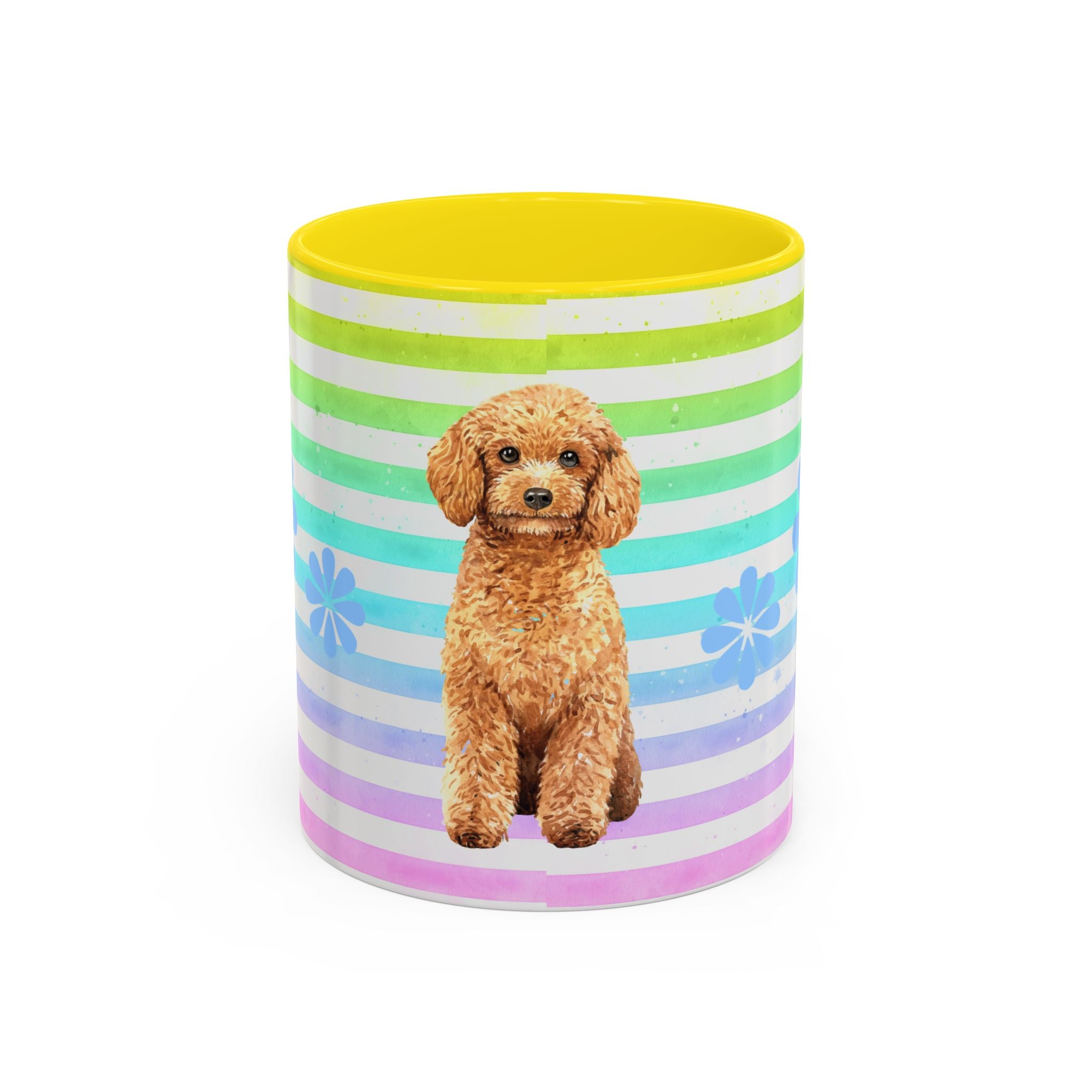 Apricot Poodle Coffee Mug — Cute Fluffy Pup on Rainbow Stripes (Accent Mug 11/15oz)