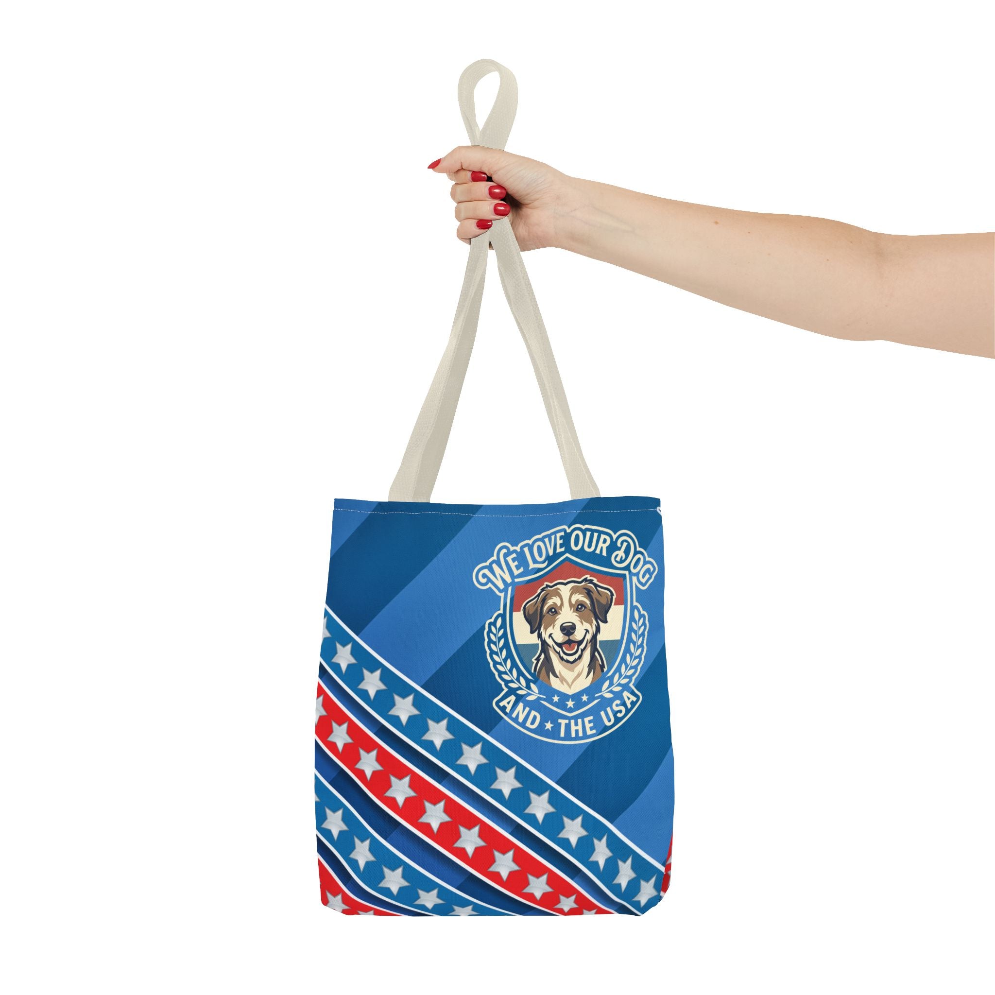 Patriotic Dog Tote Bag — "We Love Our Dog and the USA" AOP Tote