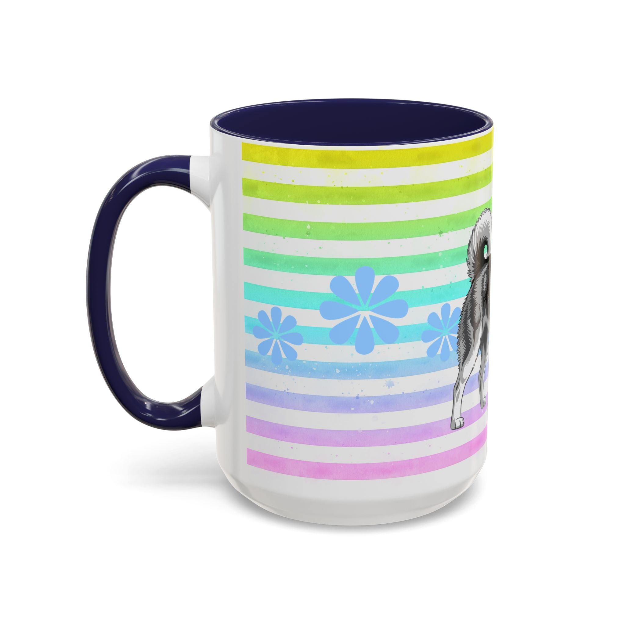 Siberian Husky Coffee Mug — Cute Black & Husky Pup on Rainbow Stripes (Accent Mug 11/15oz)