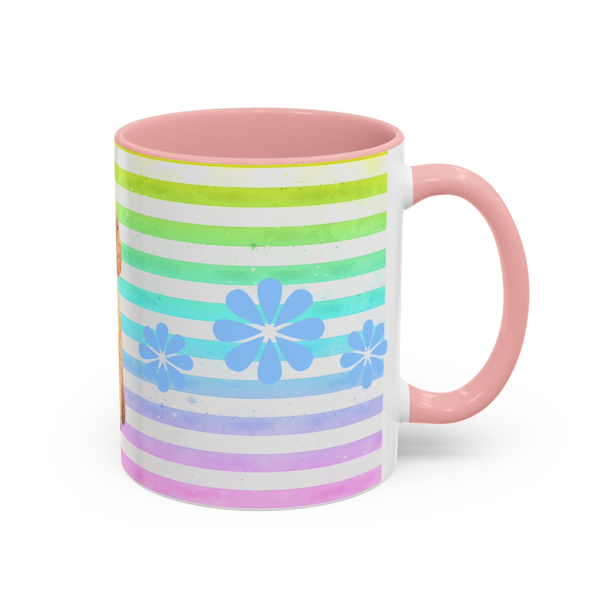 Apricot Poodle Coffee Mug — Cute Fluffy Pup on Rainbow Stripes (Accent Mug 11/15oz)