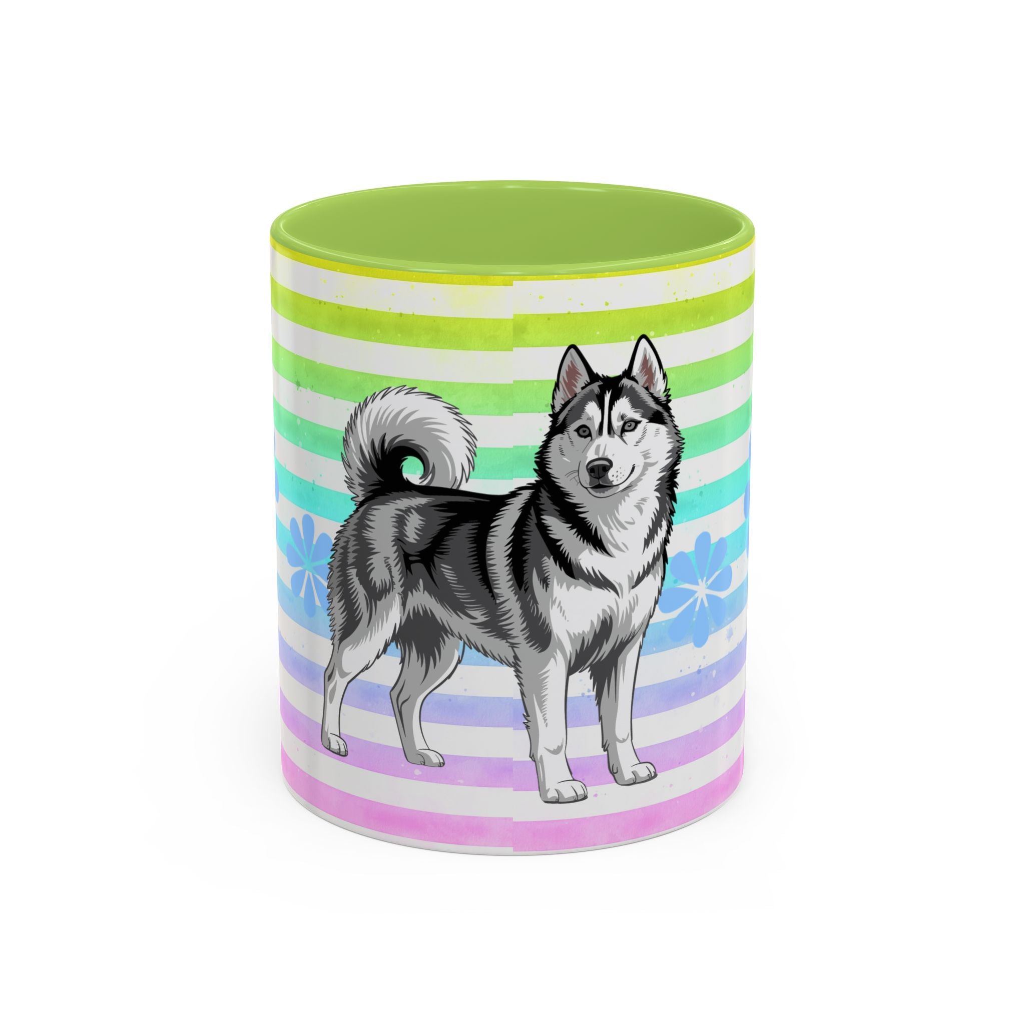 Siberian Husky Coffee Mug — Cute Black & Husky Pup on Rainbow Stripes (Accent Mug 11/15oz)