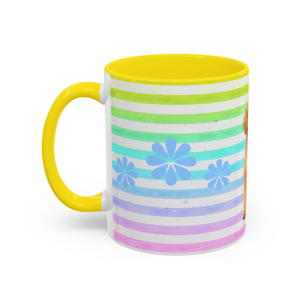 Apricot Poodle Coffee Mug — Cute Fluffy Pup on Rainbow Stripes (Accent Mug 11/15oz)