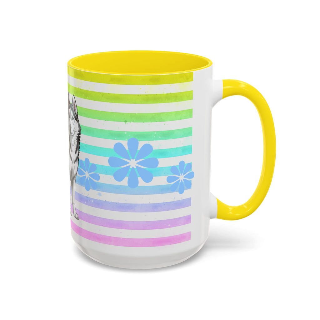 Siberian Husky Coffee Mug — Cute Black & Husky Pup on Rainbow Stripes (Accent Mug 11/15oz)