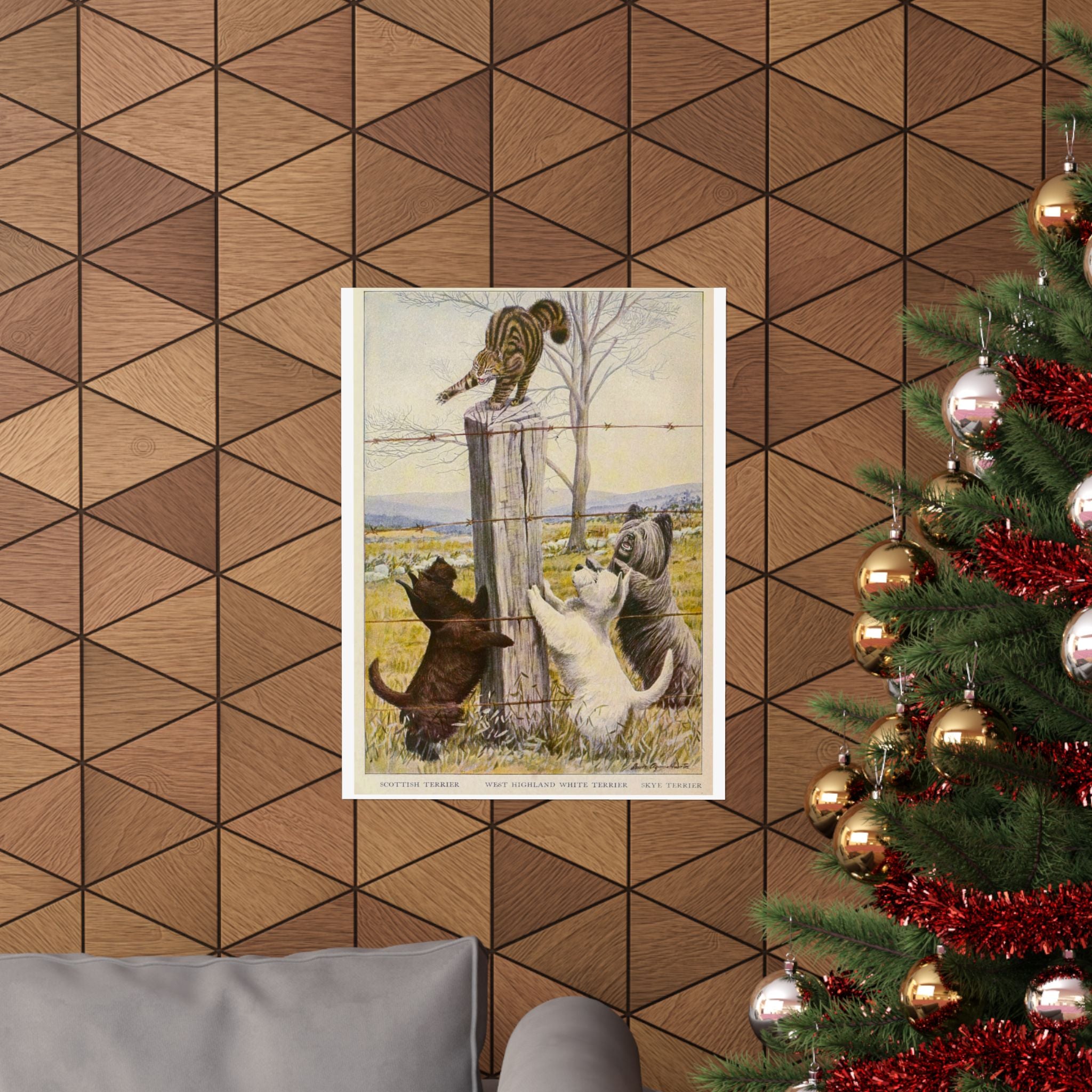 Vintage Terriers and Cat Poster — Matte Vertical Wall Art