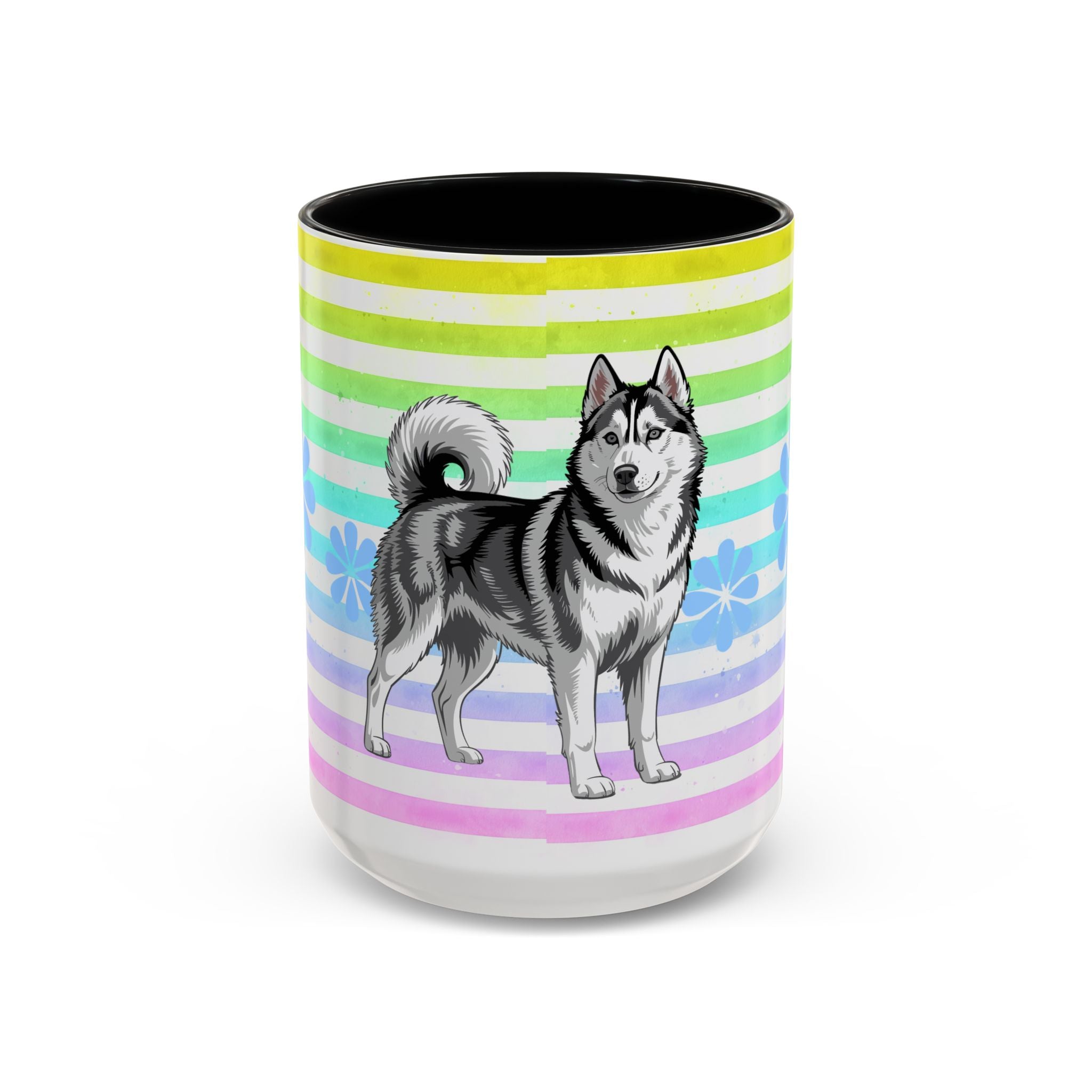 Siberian Husky Coffee Mug — Cute Black & Husky Pup on Rainbow Stripes (Accent Mug 11/15oz)