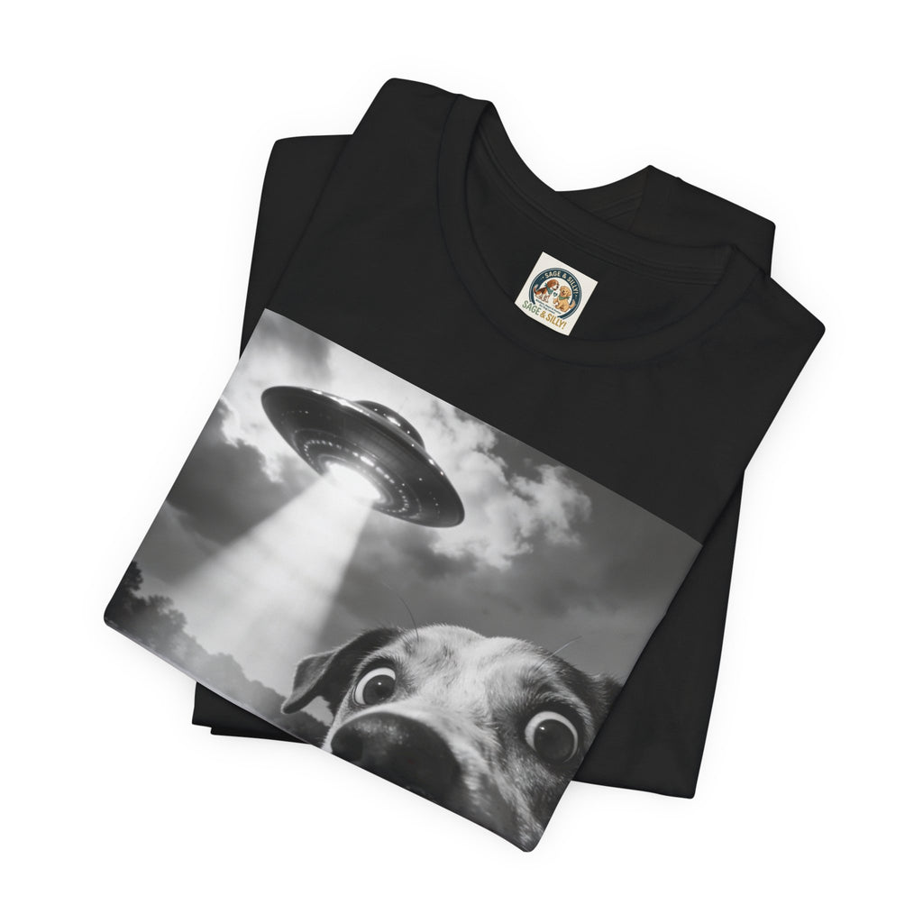 UFO Dog Photo Tee — "Check the Front… SERIOUSLY!" Graphic T-Shirt