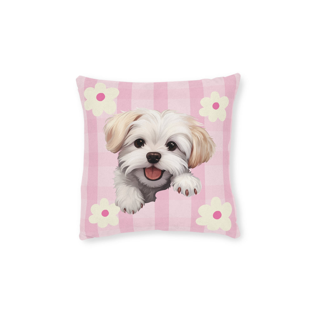 Maltese Dog Throw Pillow — Floral Pink Faux Suede | Dog Lover Home Decor