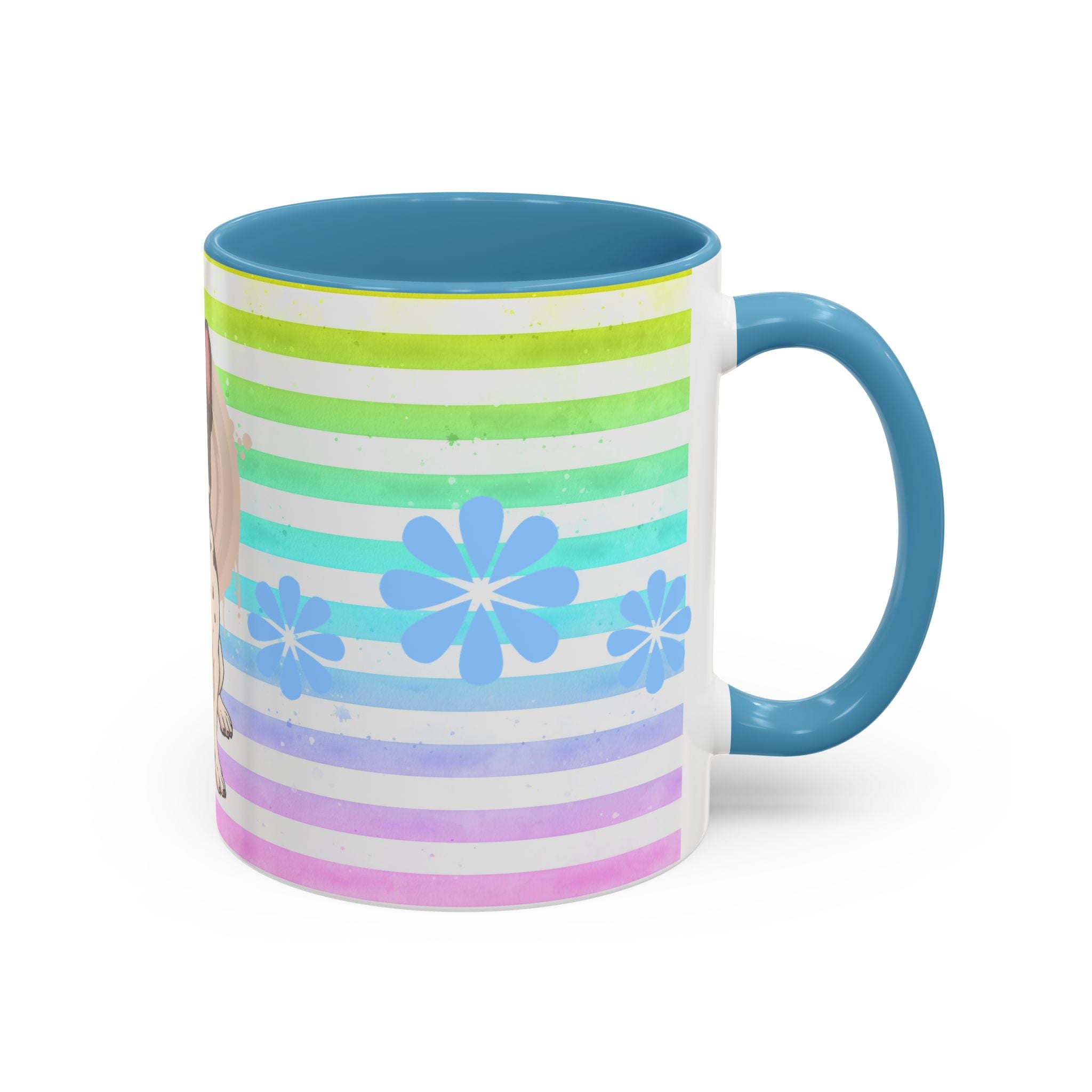 French Bulldog Coffee Mug — Cute Black & White Pup on Rainbow Stripes (Accent Mug 11/15oz)
