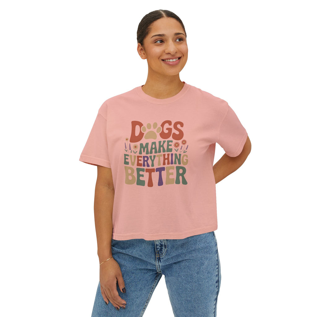 Dogs Make Everything Better Boxy Tee — Cute Paw Print Graphic T‑Shirt for Dog Lovers