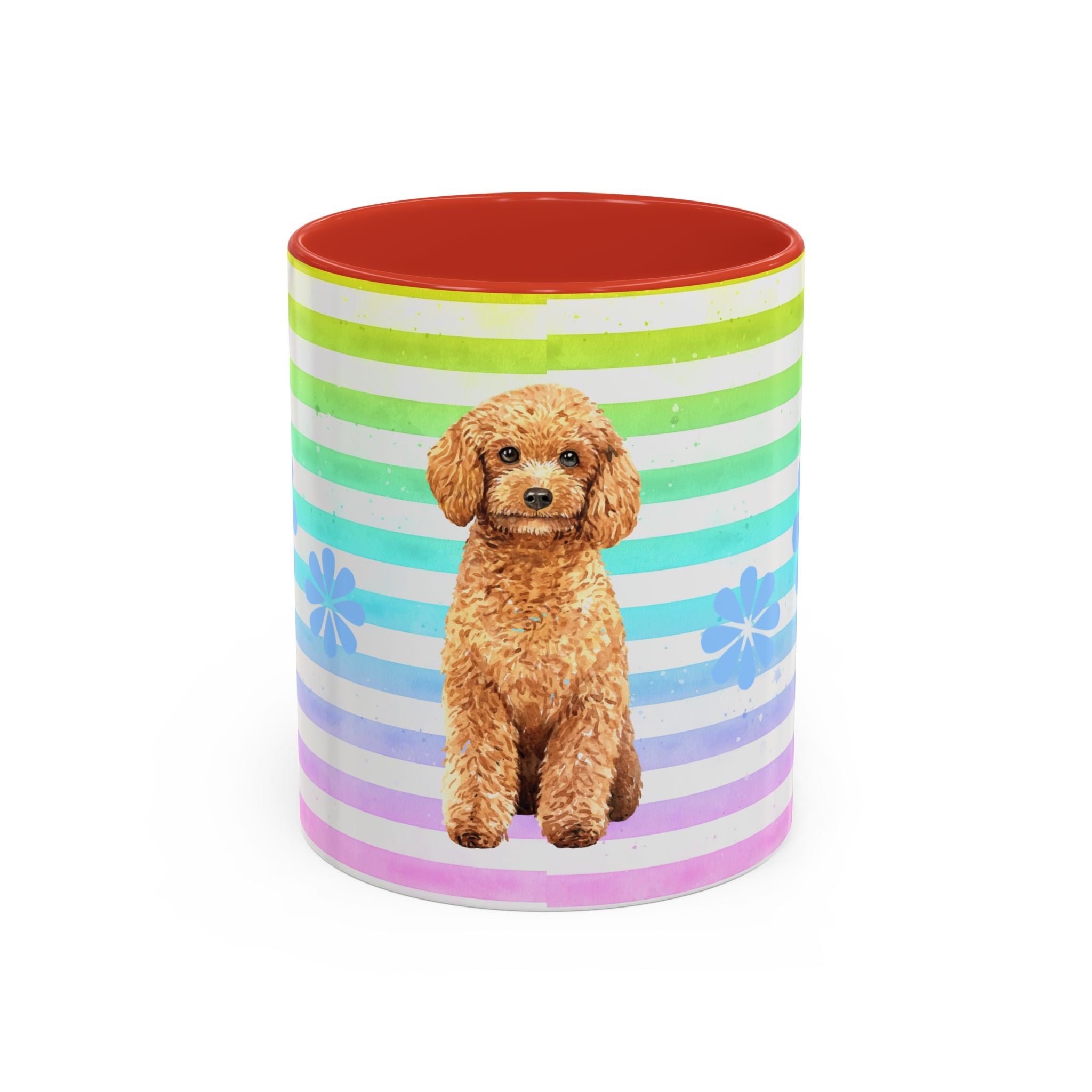 Apricot Poodle Coffee Mug — Cute Fluffy Pup on Rainbow Stripes (Accent Mug 11/15oz)