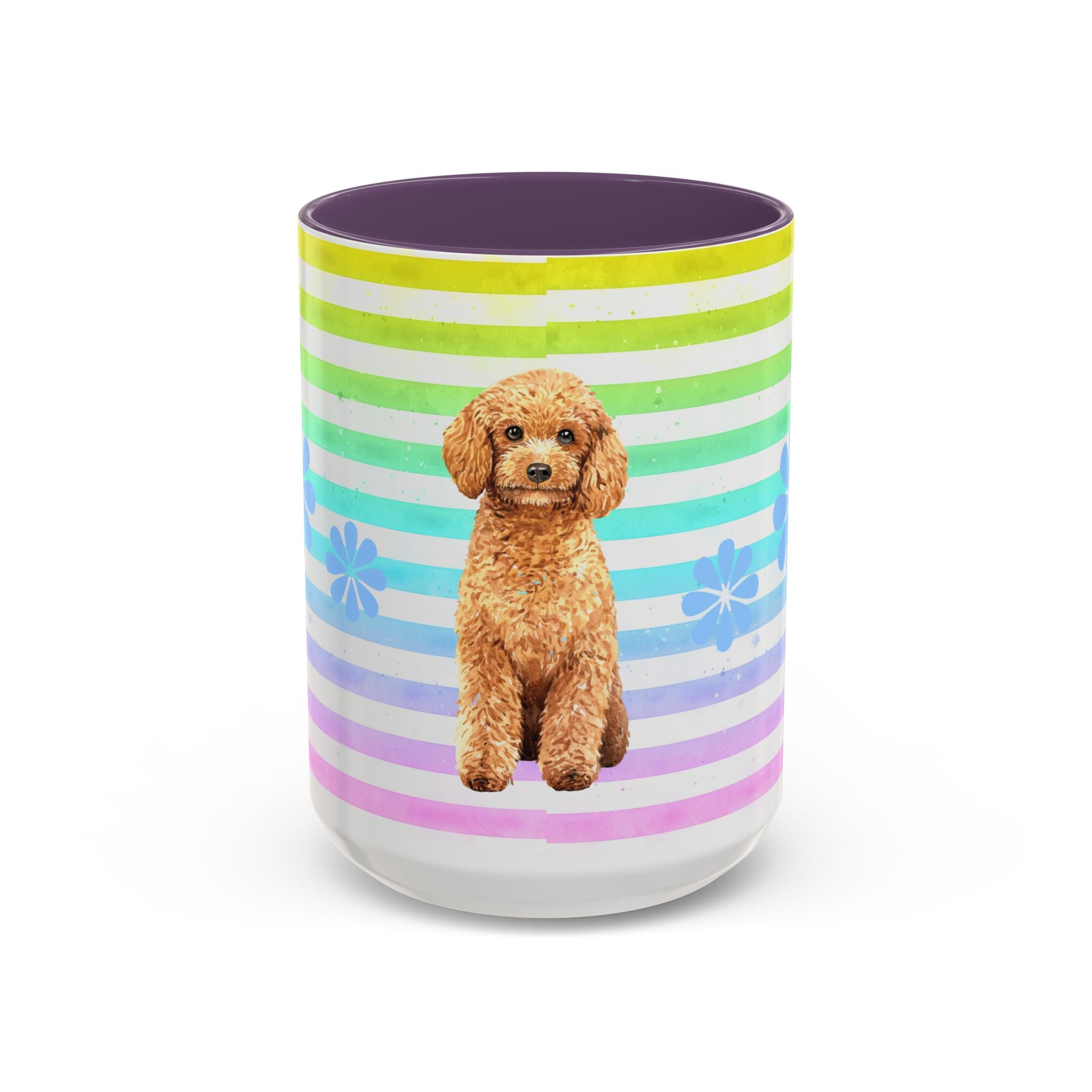 Apricot Poodle Coffee Mug — Cute Fluffy Pup on Rainbow Stripes (Accent Mug 11/15oz)