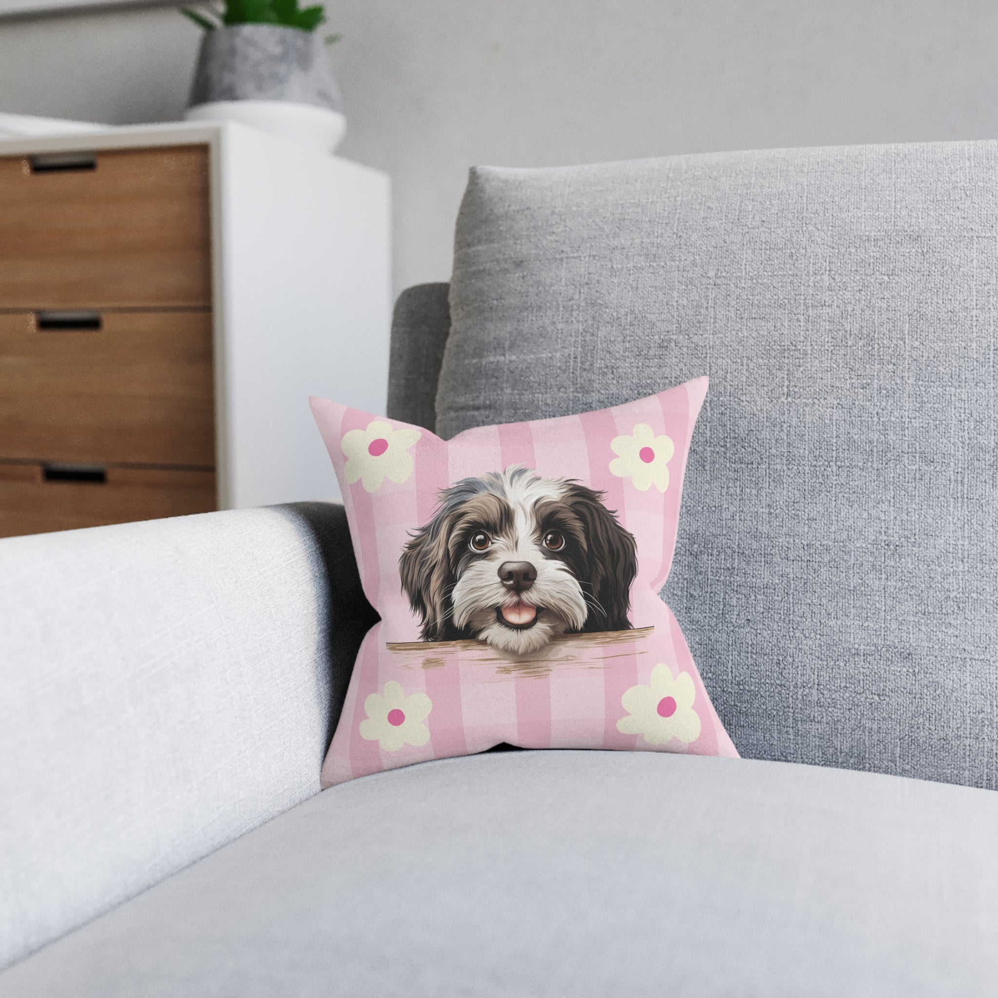 Havanese Dog Throw Pillow — Floral Pink Faux Suede | Dog Lover Home Decor