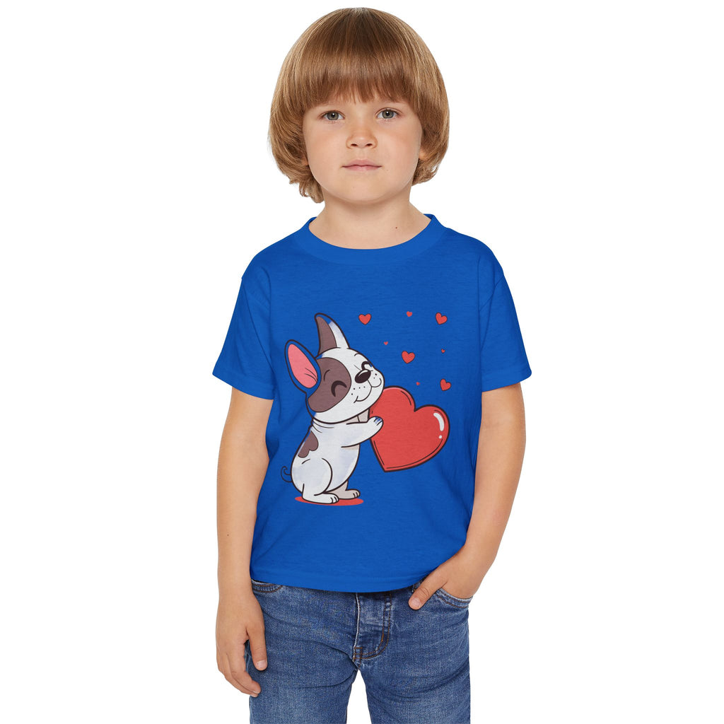 Toddler T-Shirt — Cute French Bulldog Hugging Heart with Colorful Paw Prints