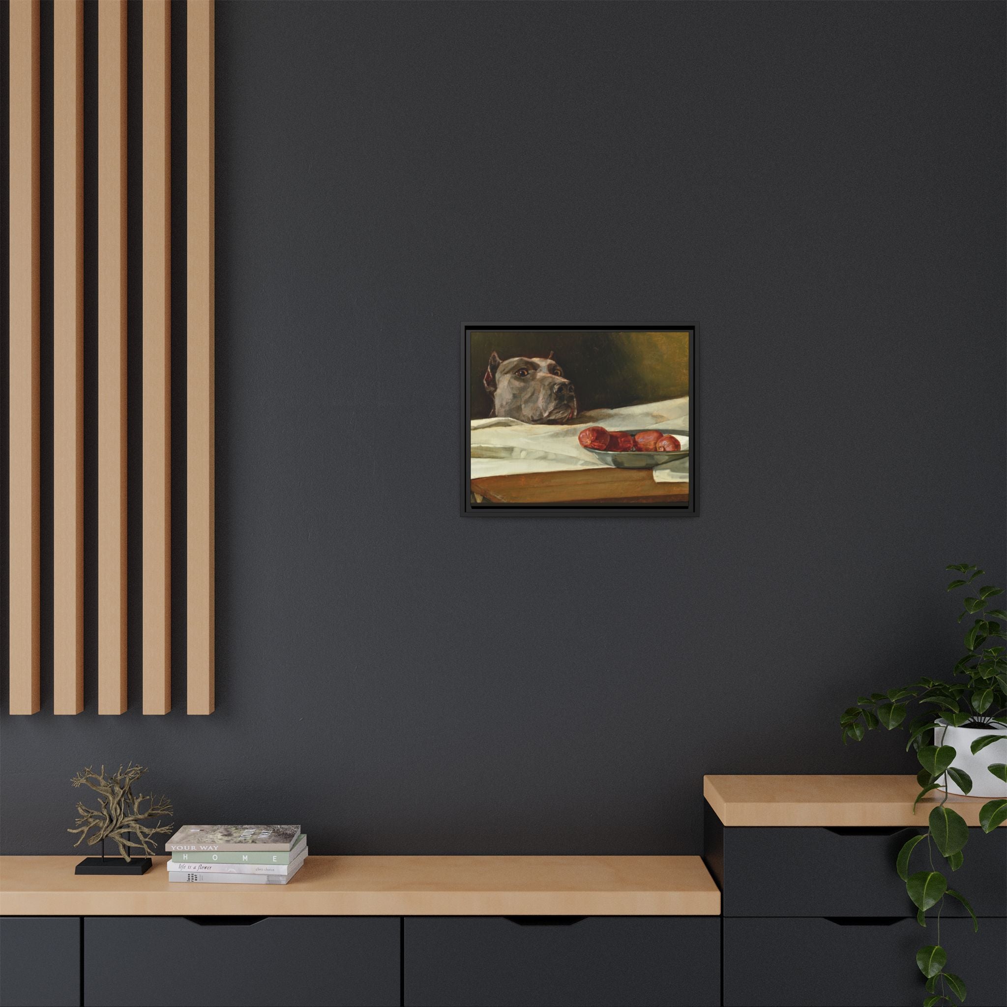 Framed Matte Canvas Print — Great Dane Dog & The Sausage Still Life Wall Art