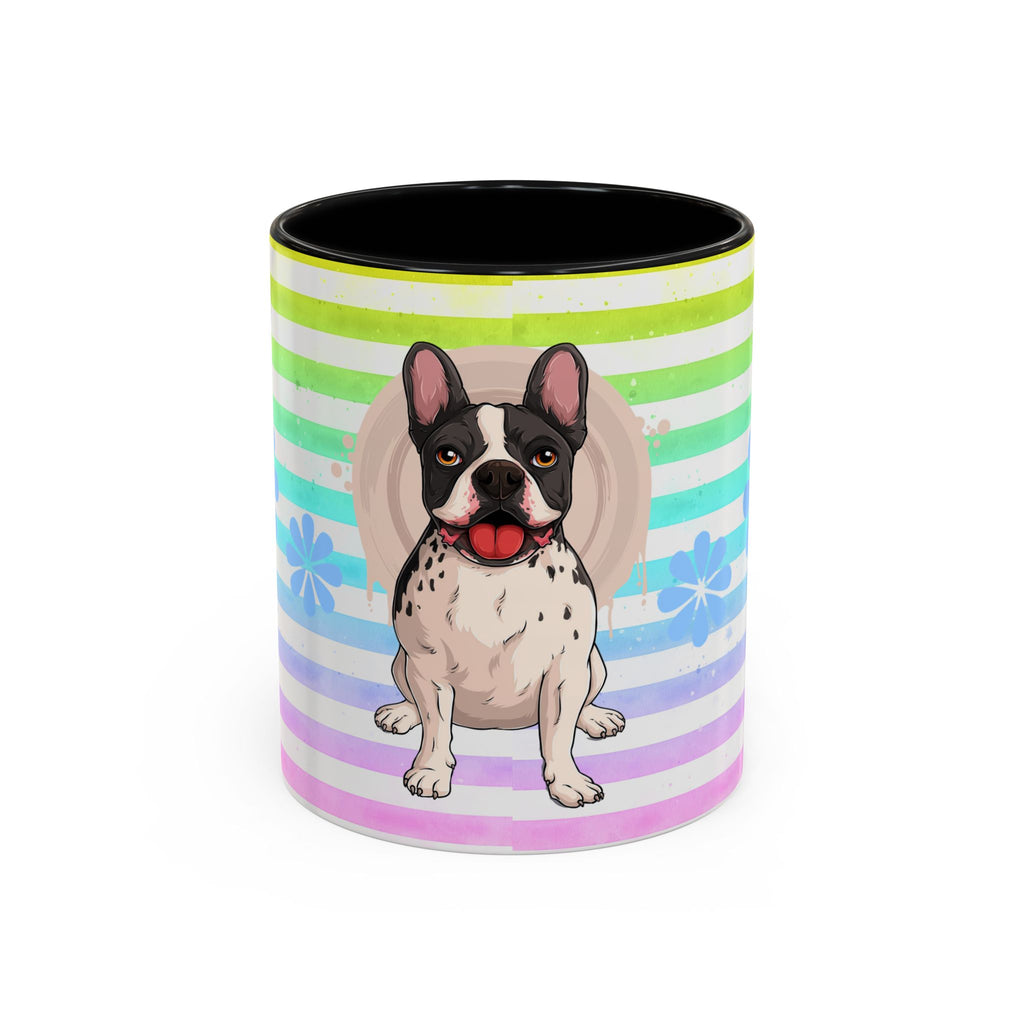 French Bulldog Coffee Mug — Cute Black & White Pup on Rainbow Stripes (Accent Mug 11/15oz)