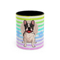 French Bulldog Coffee Mug — Cute Black & White Pup on Rainbow Stripes (Accent Mug 11/15oz)