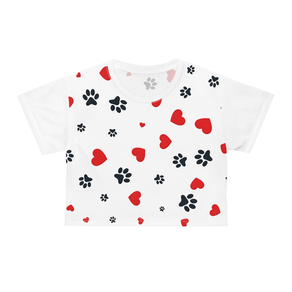 Dog Paw Print Crop Tee — All-Over Print with Hearts | Dog Lover Gift