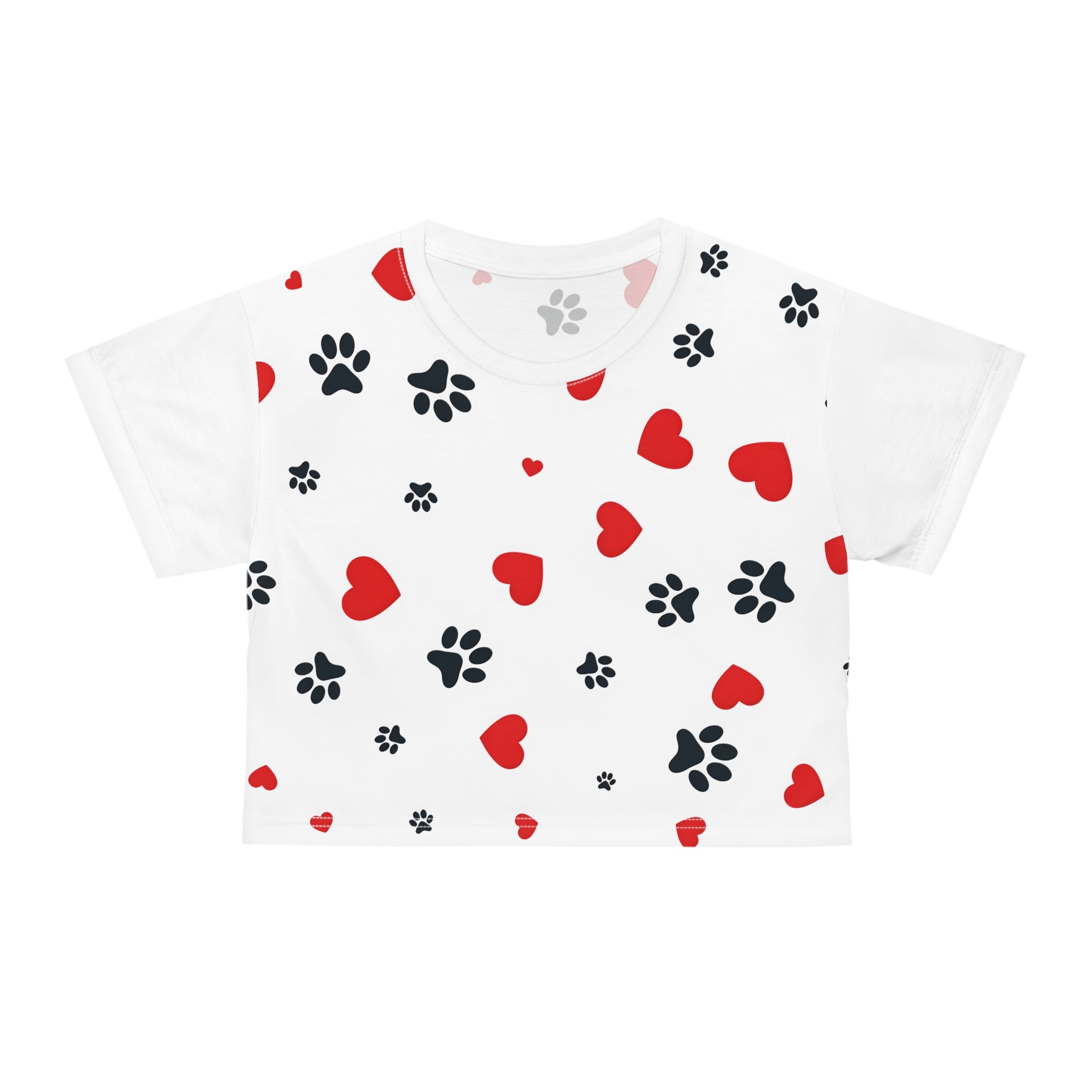 Dog Paw Print Crop Tee — All-Over Print with Hearts | Dog Lover Gift