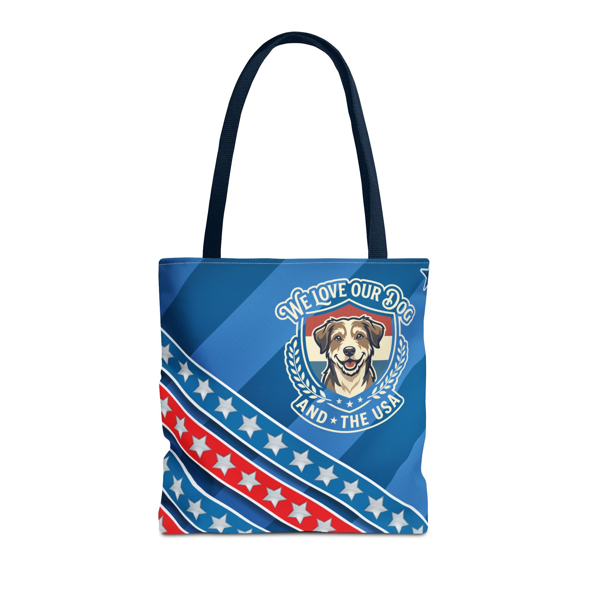 Patriotic Dog Tote Bag — "We Love Our Dog and the USA" AOP Tote
