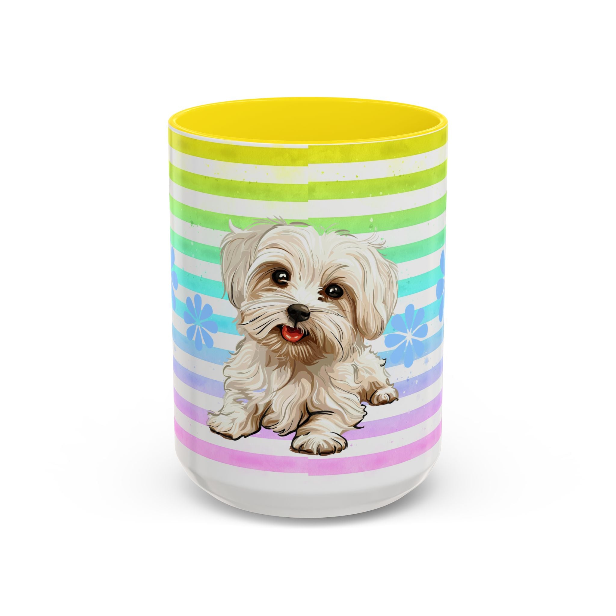 Maltese Dog Coffee Mug — Cute White Pup on Rainbow Stripes
