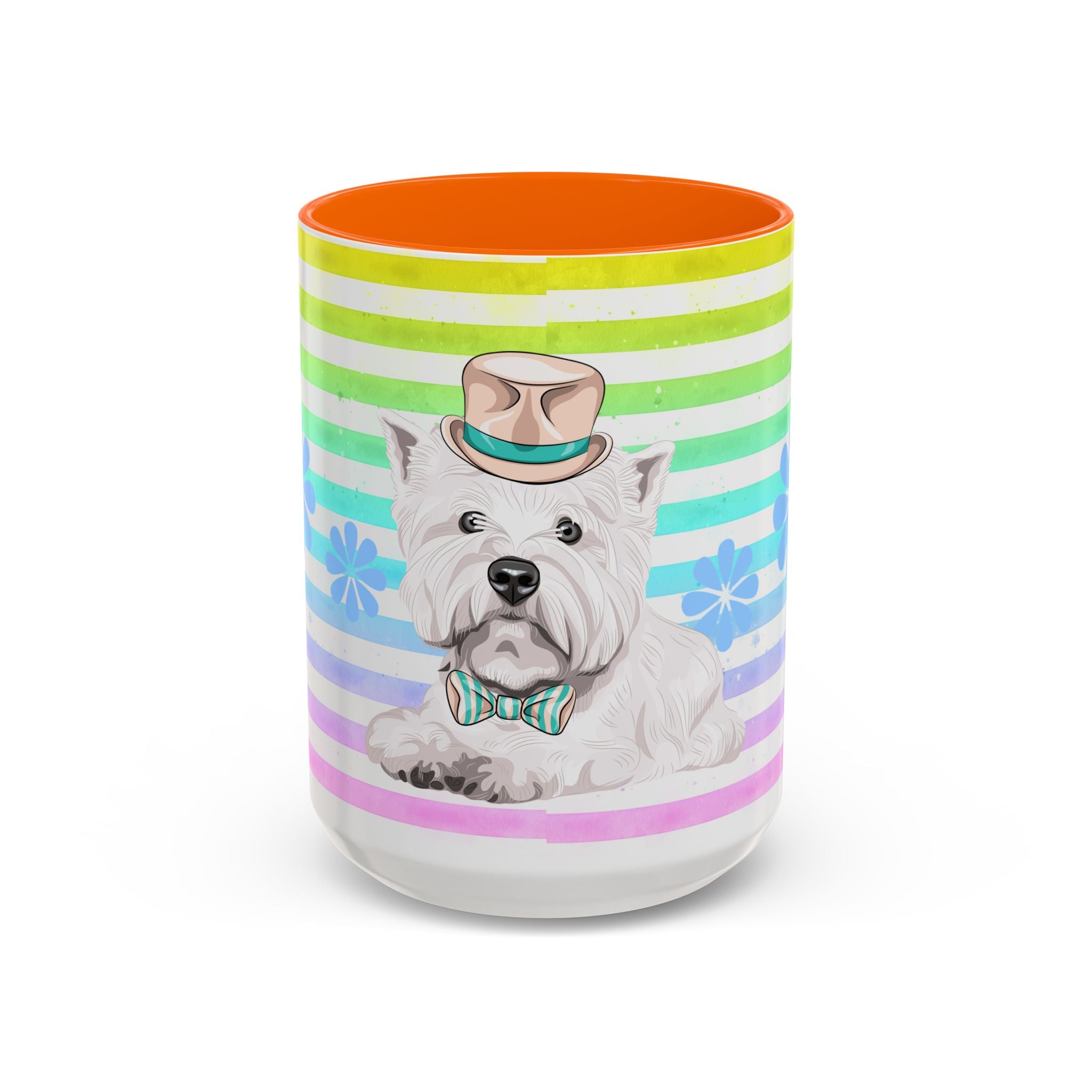 West Highland Terrier Coffee Mug — Cute White Pup on Rainbow Stripes (Accent Mug 11/15oz)