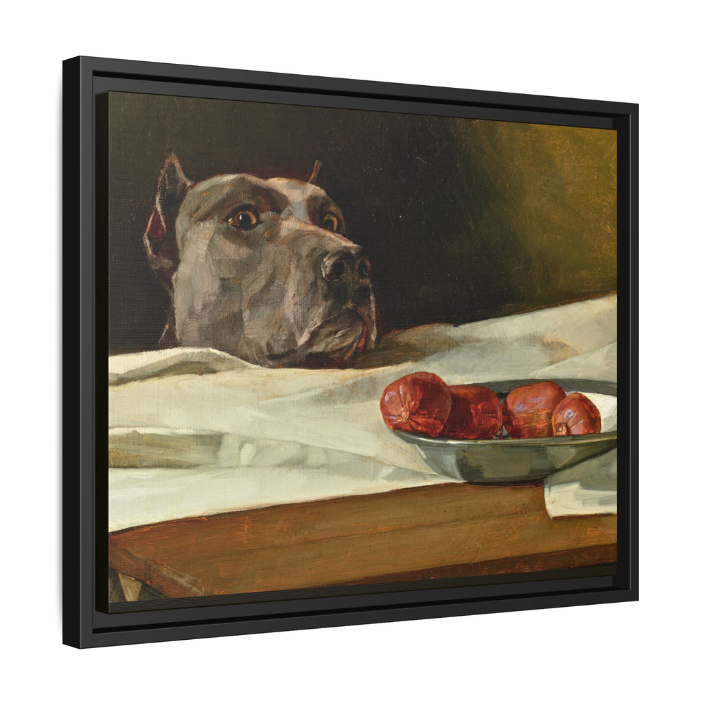Framed Matte Canvas Print — Great Dane Dog & The Sausage Still Life Wall Art