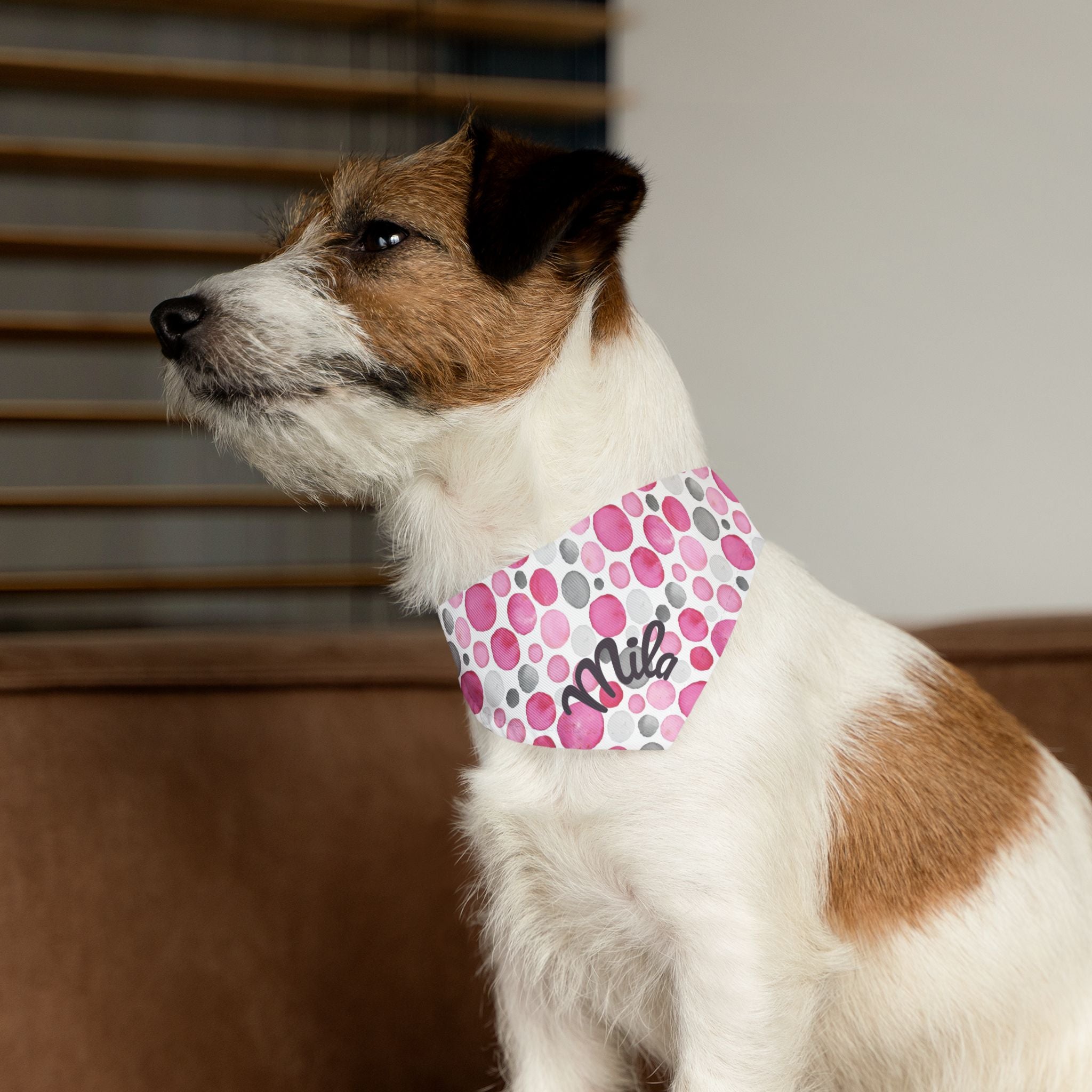 Pink Polka Dot Pet Bandana Collar – Customizable "Milo" Style for Dogs & Cats
