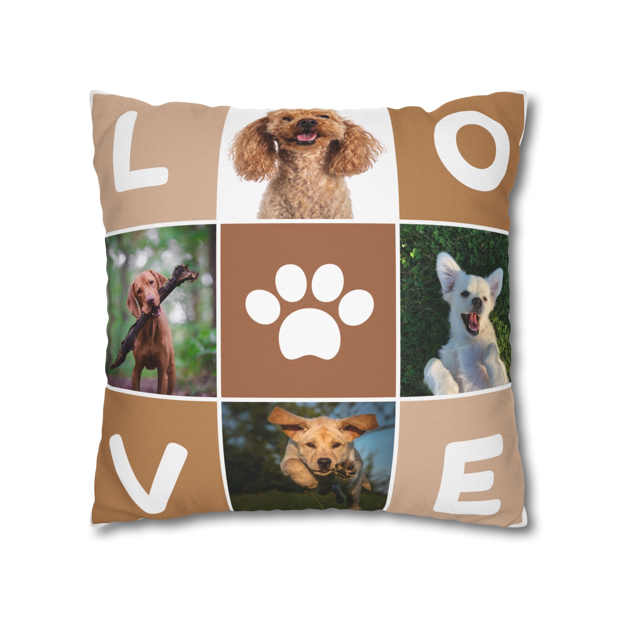 Dog Photo Collage Square Pillow — "LOVE" Paw Print Decorative Pillowcase
