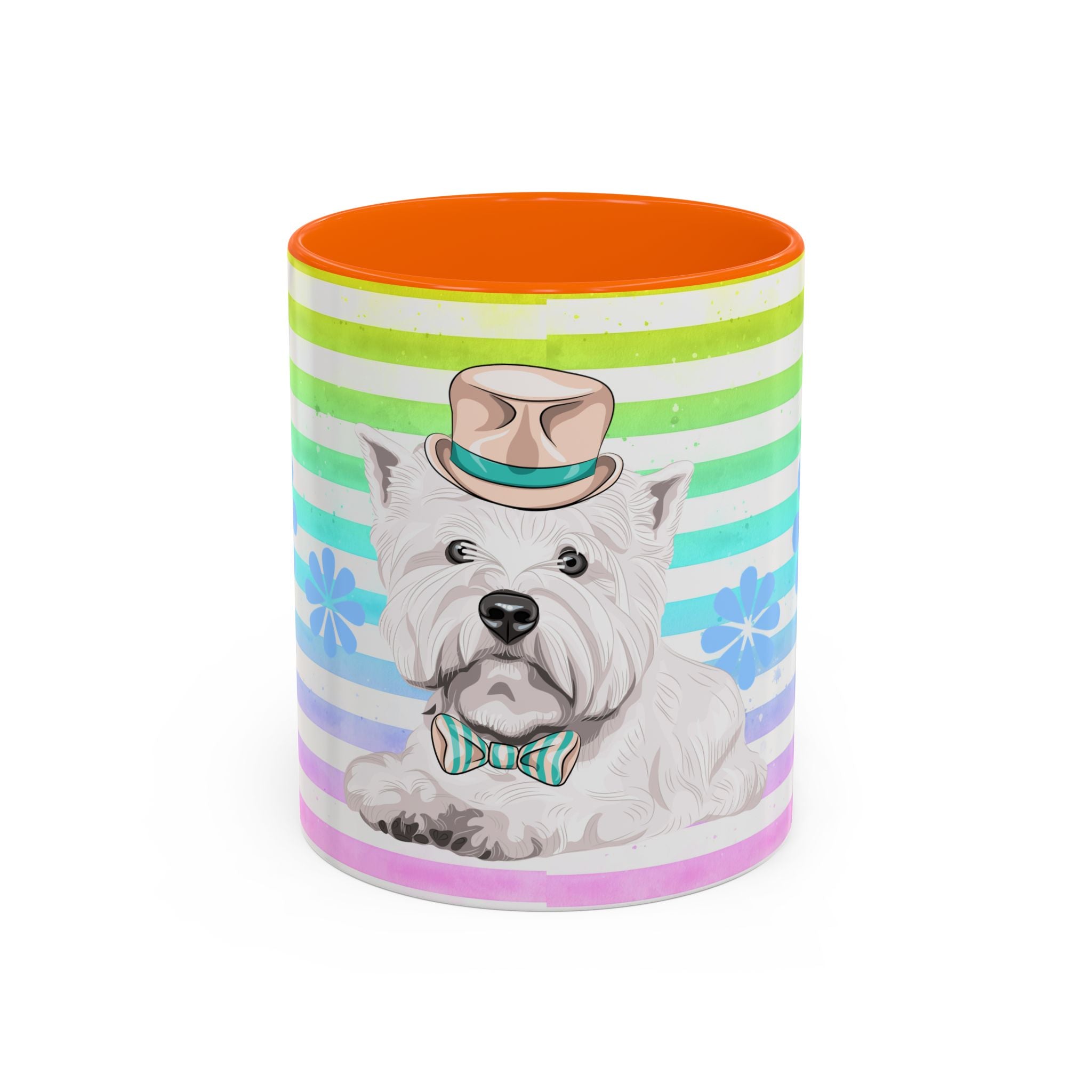 West Highland Terrier Coffee Mug — Cute White Pup on Rainbow Stripes (Accent Mug 11/15oz)