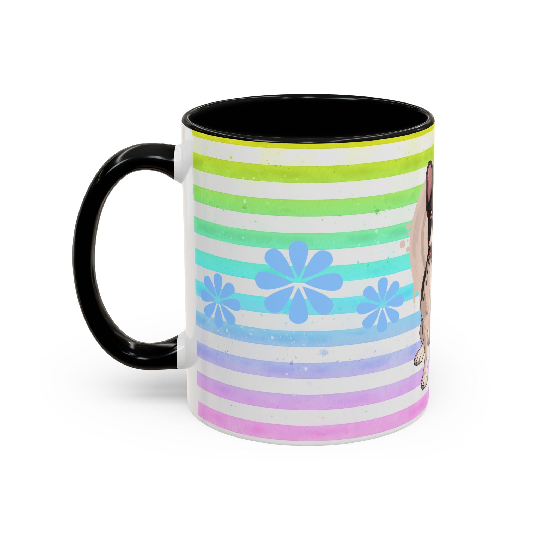 French Bulldog Coffee Mug — Cute Black & White Pup on Rainbow Stripes (Accent Mug 11/15oz)
