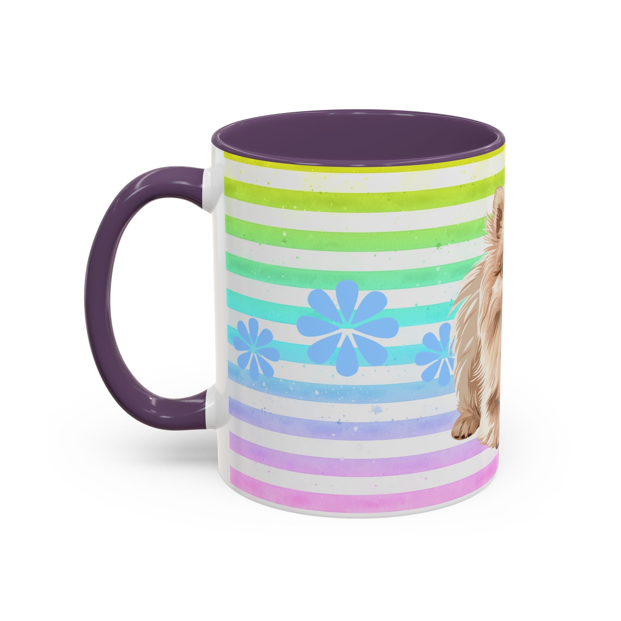 Pomeranian Dog Coffee Mug — Cute Fluffy Pup on Rainbow Stripes (Accent Mug 11/15oz)