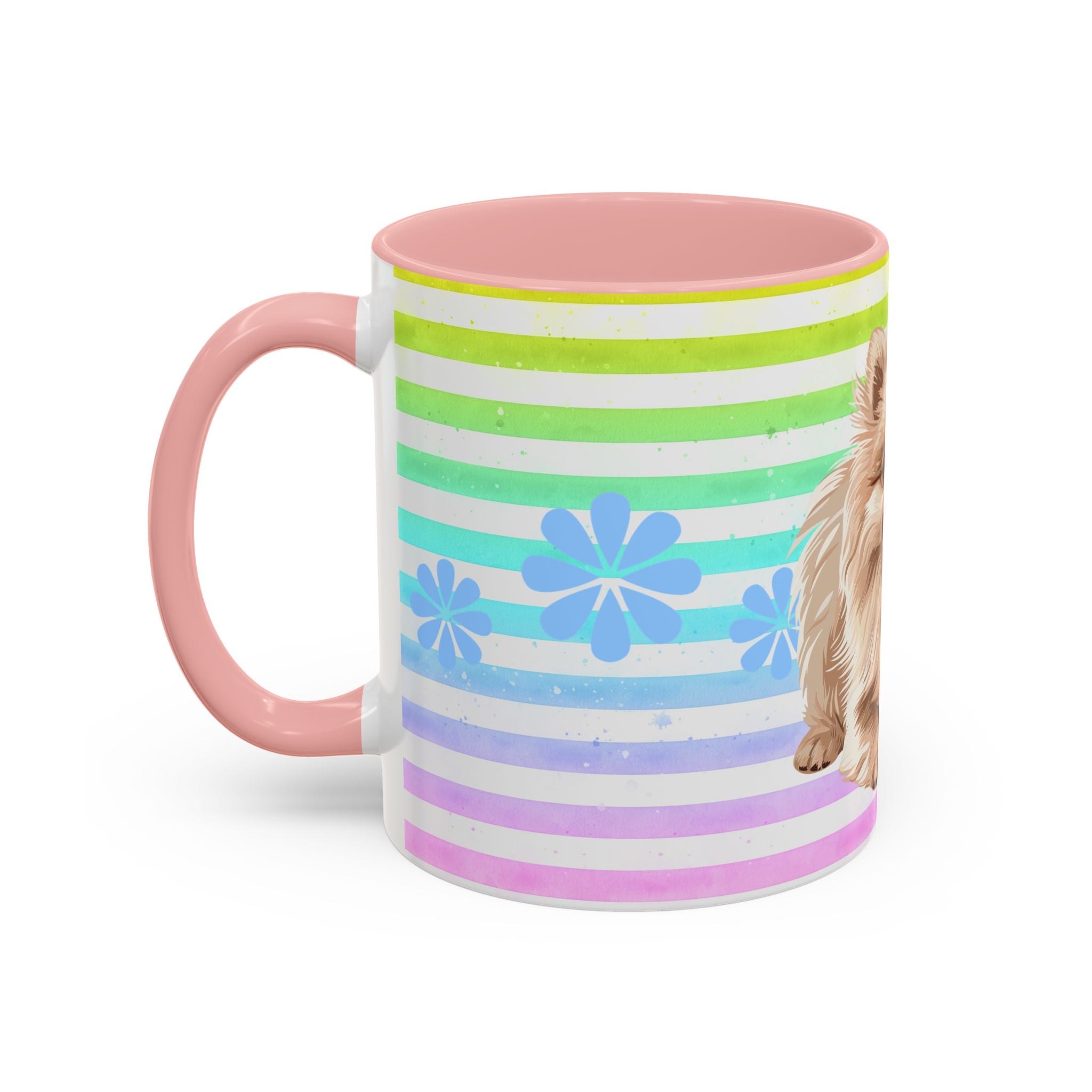 Pomeranian Dog Coffee Mug — Cute Fluffy Pup on Rainbow Stripes (Accent Mug 11/15oz)