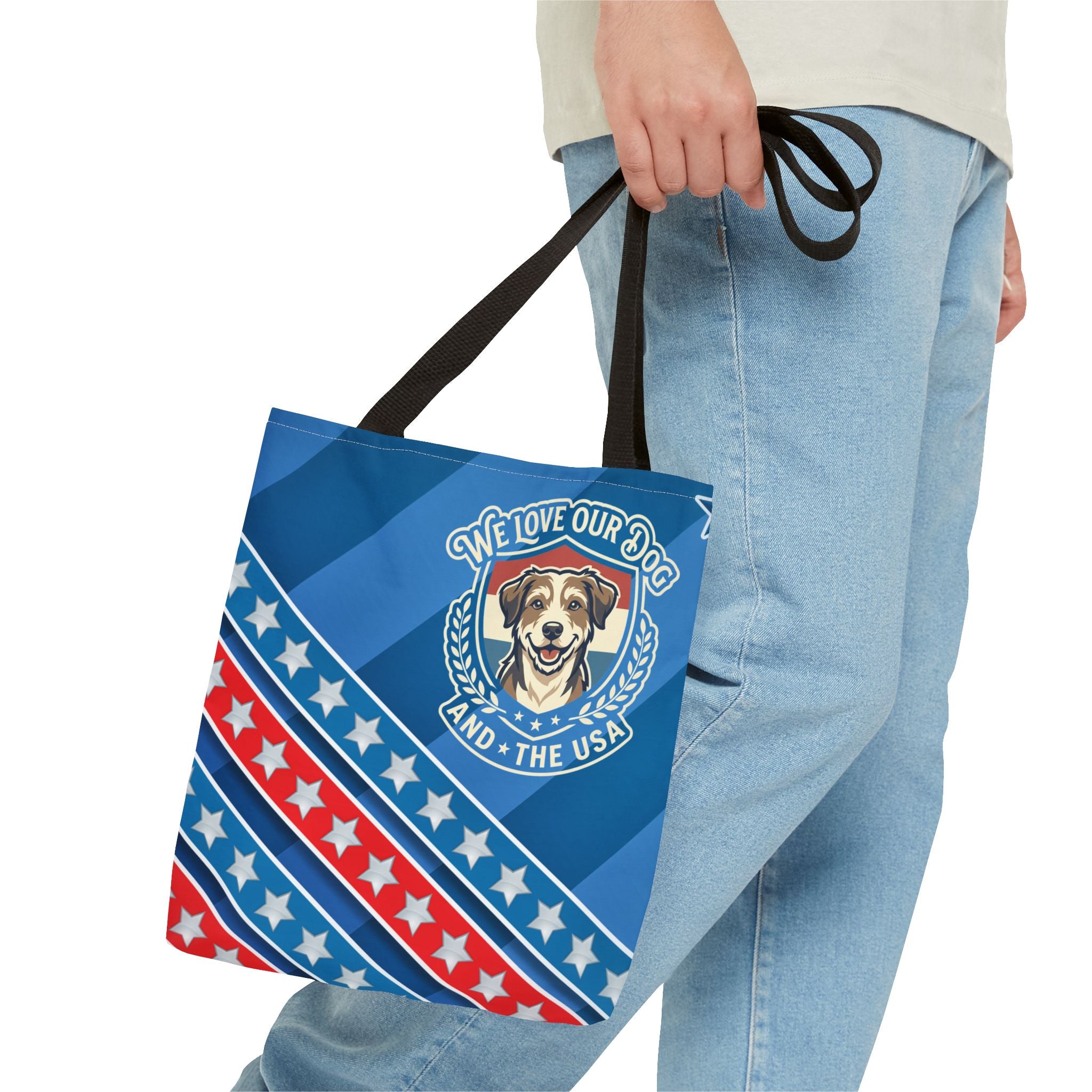 Patriotic Dog Tote Bag — "We Love Our Dog and the USA" AOP Tote