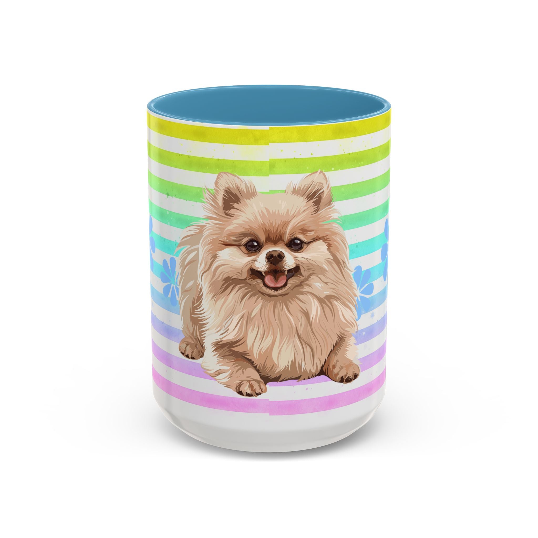 Pomeranian Dog Coffee Mug — Cute Fluffy Pup on Rainbow Stripes (Accent Mug 11/15oz)