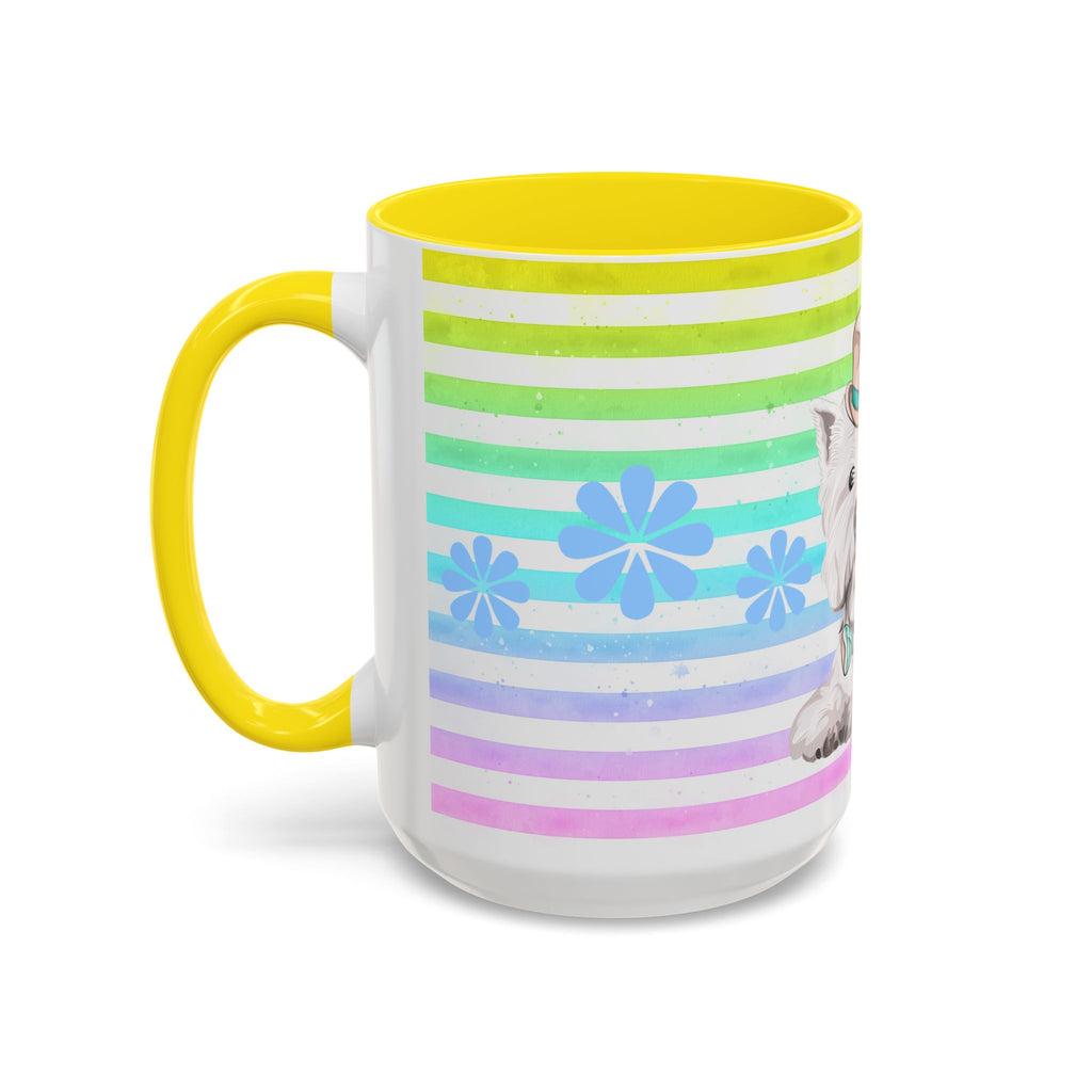 West Highland Terrier Coffee Mug — Cute White Pup on Rainbow Stripes (Accent Mug 11/15oz)