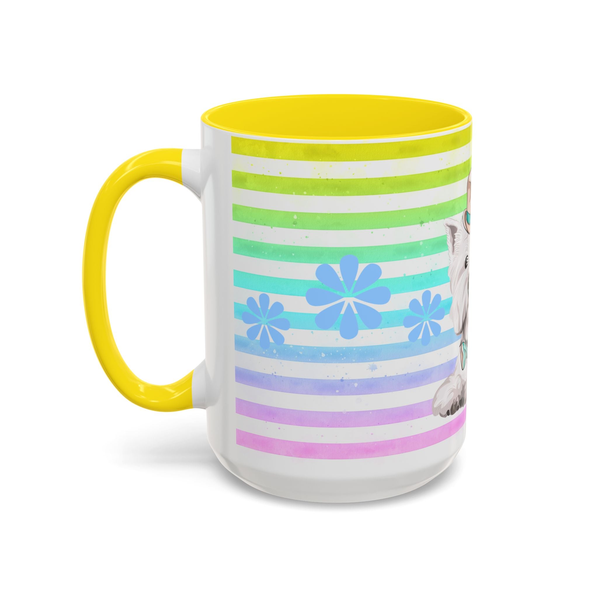 West Highland Terrier Coffee Mug — Cute White Pup on Rainbow Stripes (Accent Mug 11/15oz)