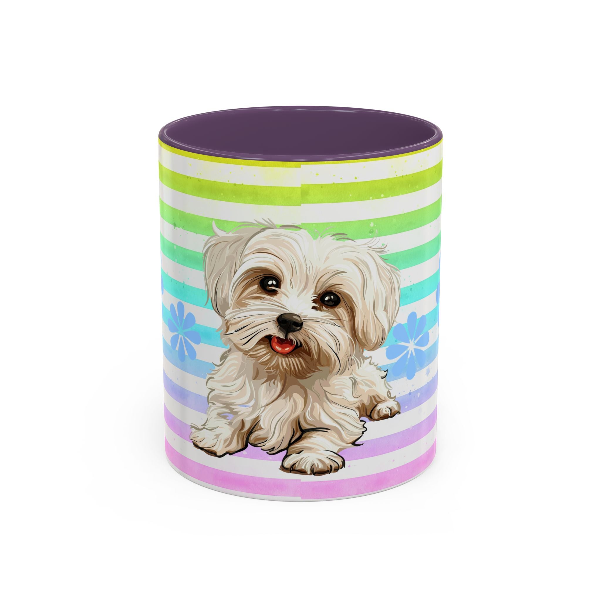 Maltese Dog Coffee Mug — Cute White Pup on Rainbow Stripes