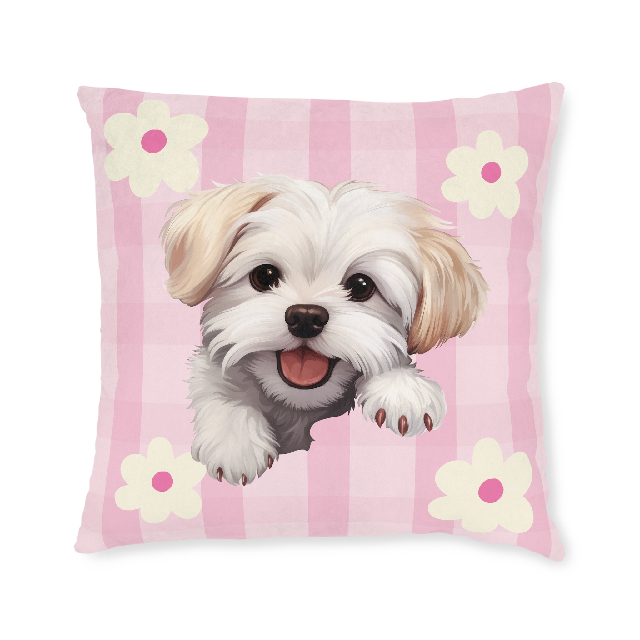 Maltese Dog Throw Pillow — Floral Pink Faux Suede | Dog Lover Home Decor