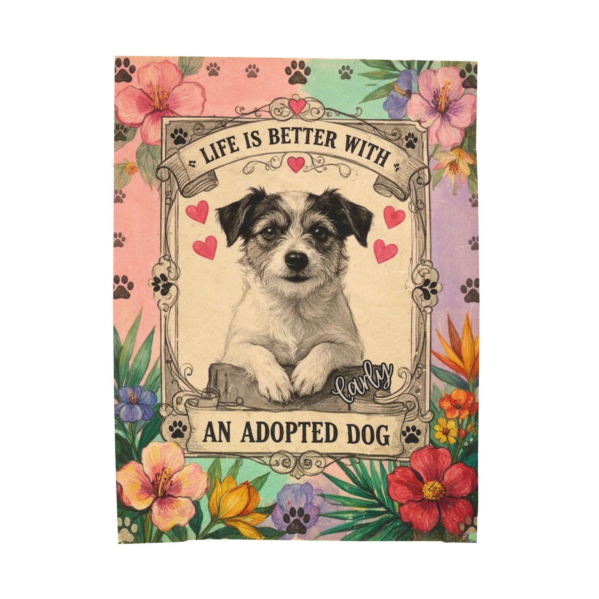 Personalized Dog Portrait Blanket — Pastel Floral & Adopted Dog | Custom Name & Photo