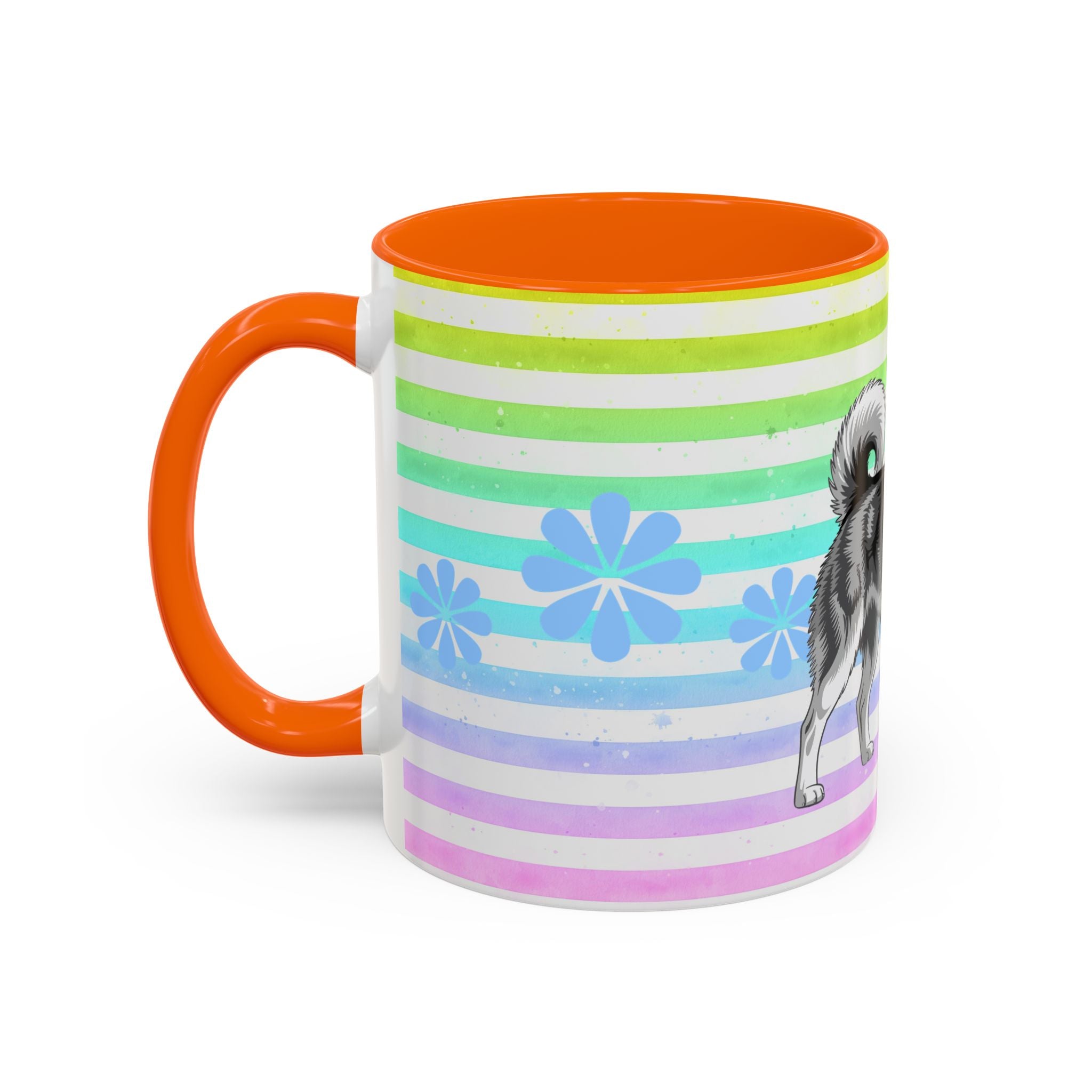 Siberian Husky Coffee Mug — Cute Black & Husky Pup on Rainbow Stripes (Accent Mug 11/15oz)