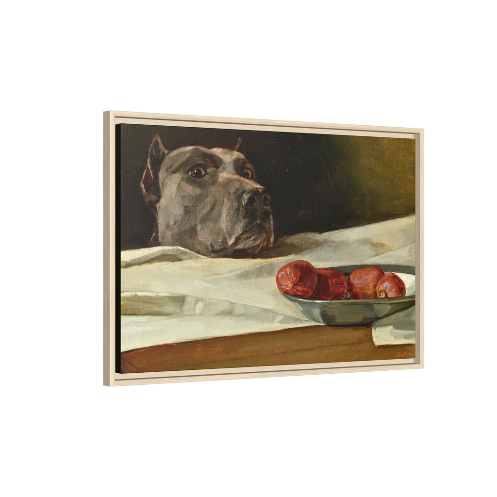 Framed Matte Canvas Print — Great Dane Dog & The Sausage Still Life Wall Art