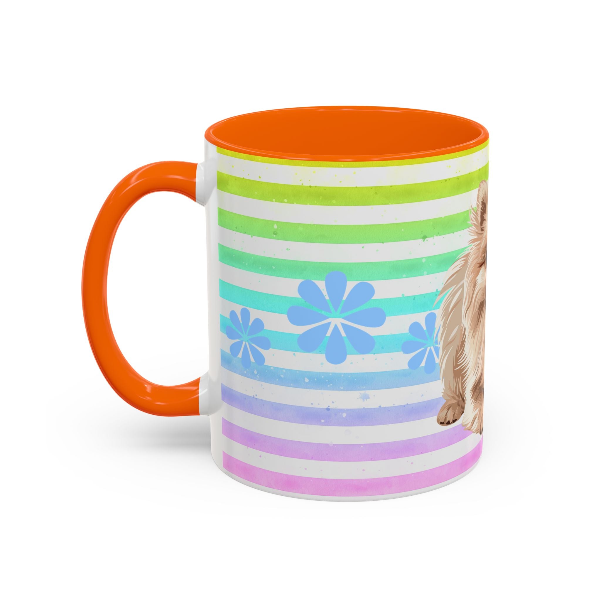 Pomeranian Dog Coffee Mug — Cute Fluffy Pup on Rainbow Stripes (Accent Mug 11/15oz)