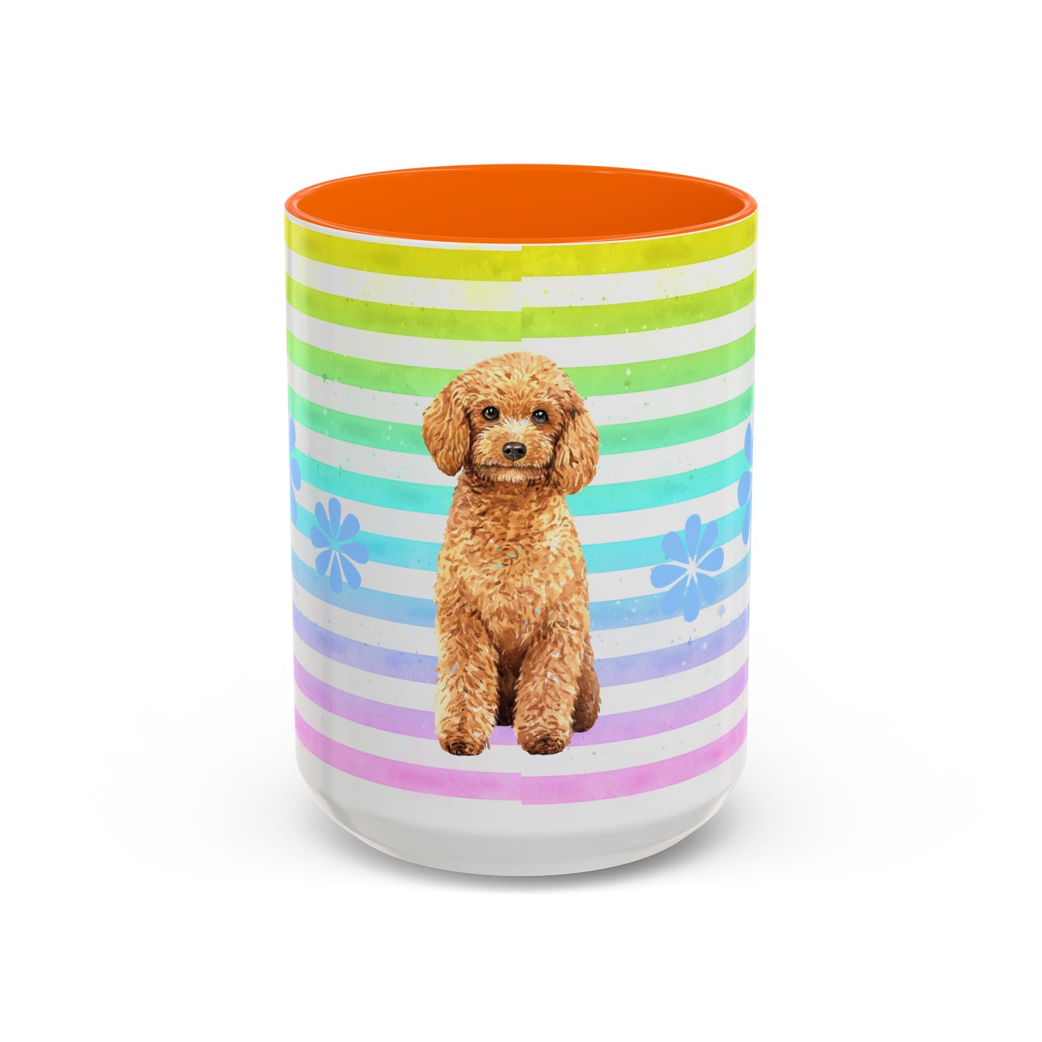 Apricot Poodle Coffee Mug — Cute Fluffy Pup on Rainbow Stripes (Accent Mug 11/15oz)
