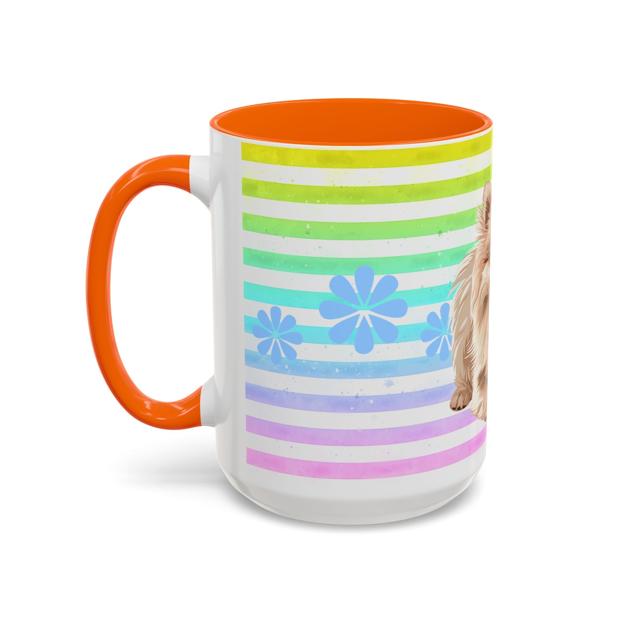 Pomeranian Dog Coffee Mug — Cute Fluffy Pup on Rainbow Stripes (Accent Mug 11/15oz)